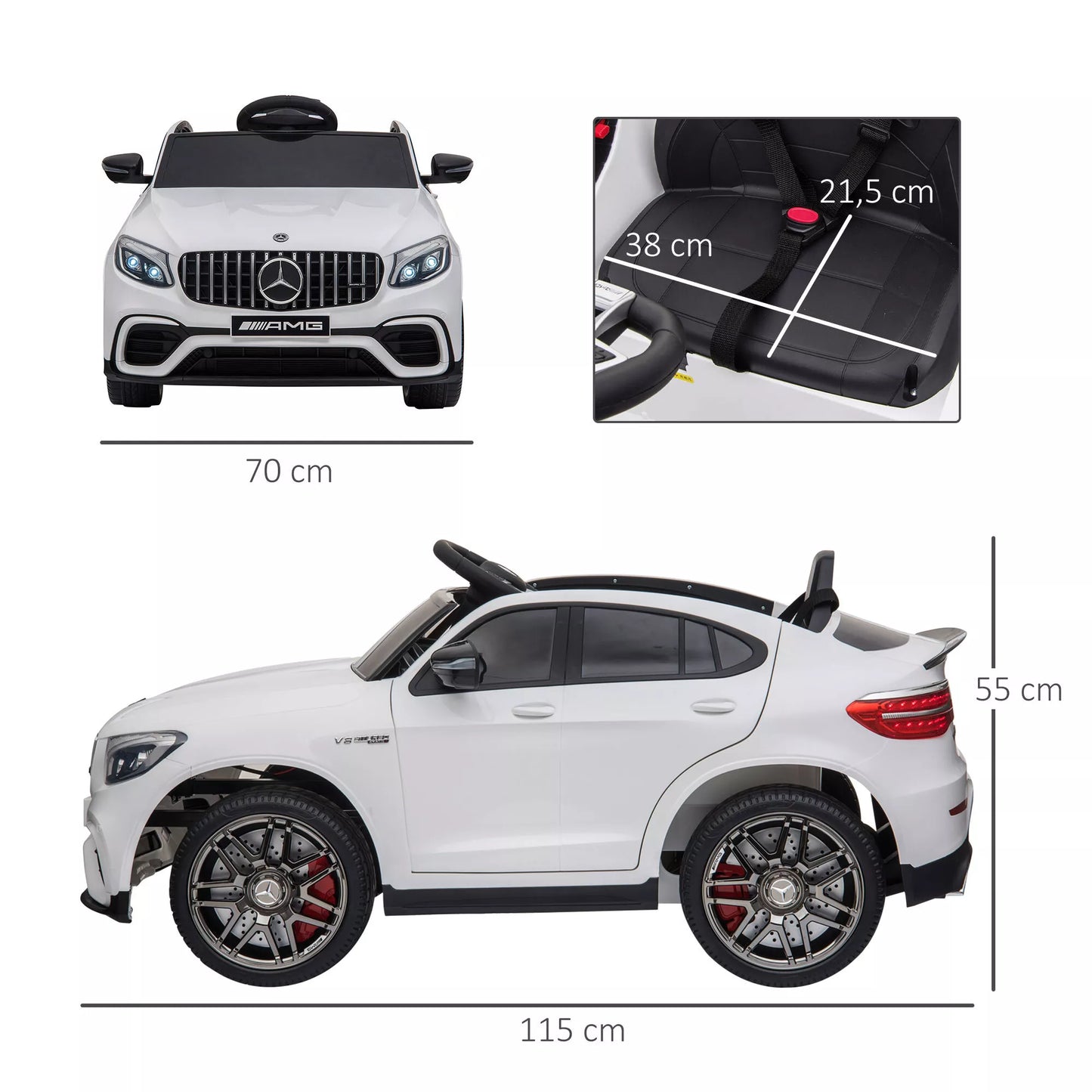 12V elektrinis automobilis vaikams Mercedes-Benz AMG GLC63S COUPE su nuotolinio valdymo pultu, saugos diržu, 2 x 35W varikliais, MP3 grotuvu. Rekomenduojama 37-60 mėn. Spalva: balta. Matmenys: 115 x 70 x 55 cm
