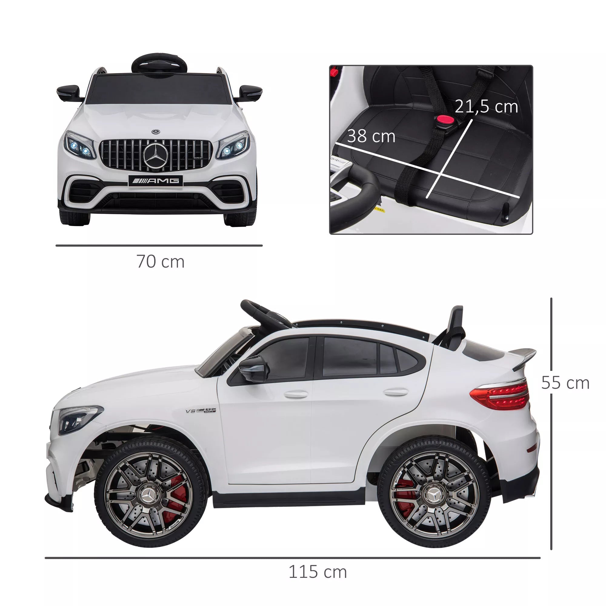 Schema su elektromobilio matmenimis: ilgis 115 cm, plotis 70 cm, aukštis 55 cm