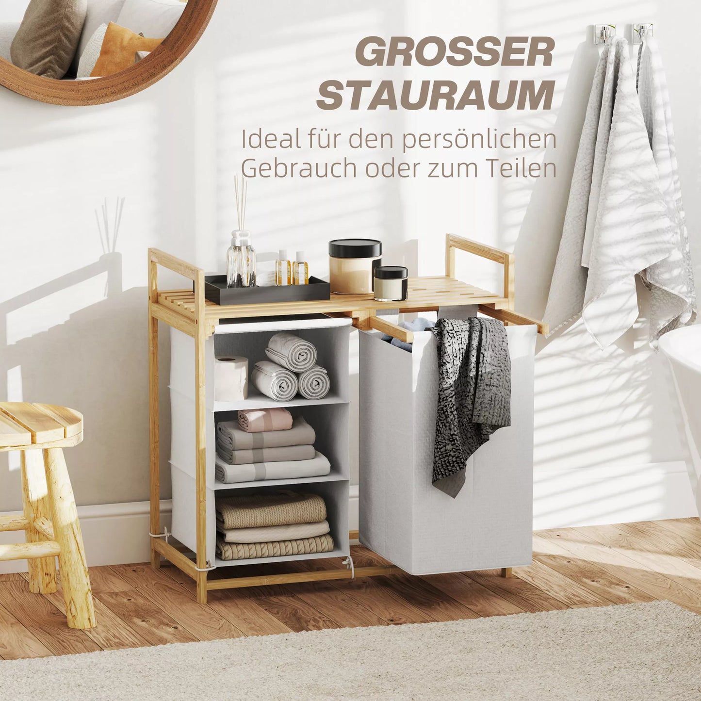 Skalbinių krepšys su skalbinių maišu, audinio stalčius, bambukas, 70x36x70 cm, Balta/mediena