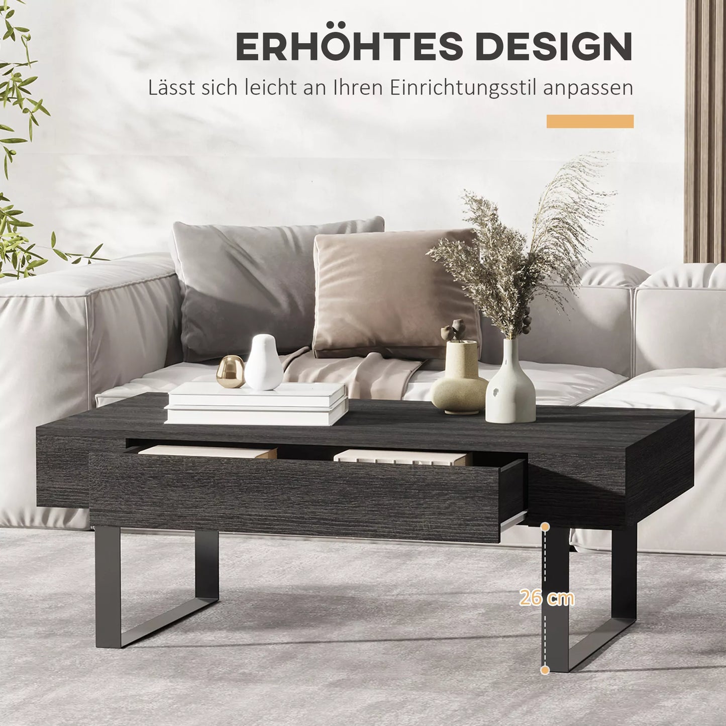 Modernus svetainės staliukas su stalčiumi ir metaliniu rėmu, 110 x 60 x 40 cm, tamsiai pilkas