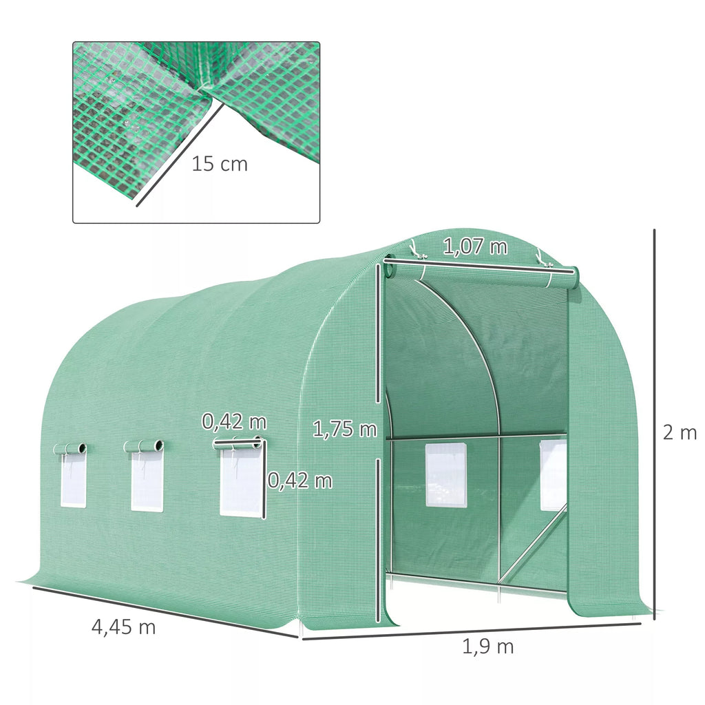Schema su šiltnamio matmenimis: 4,45 × 1,9 m, aukštis 2 m