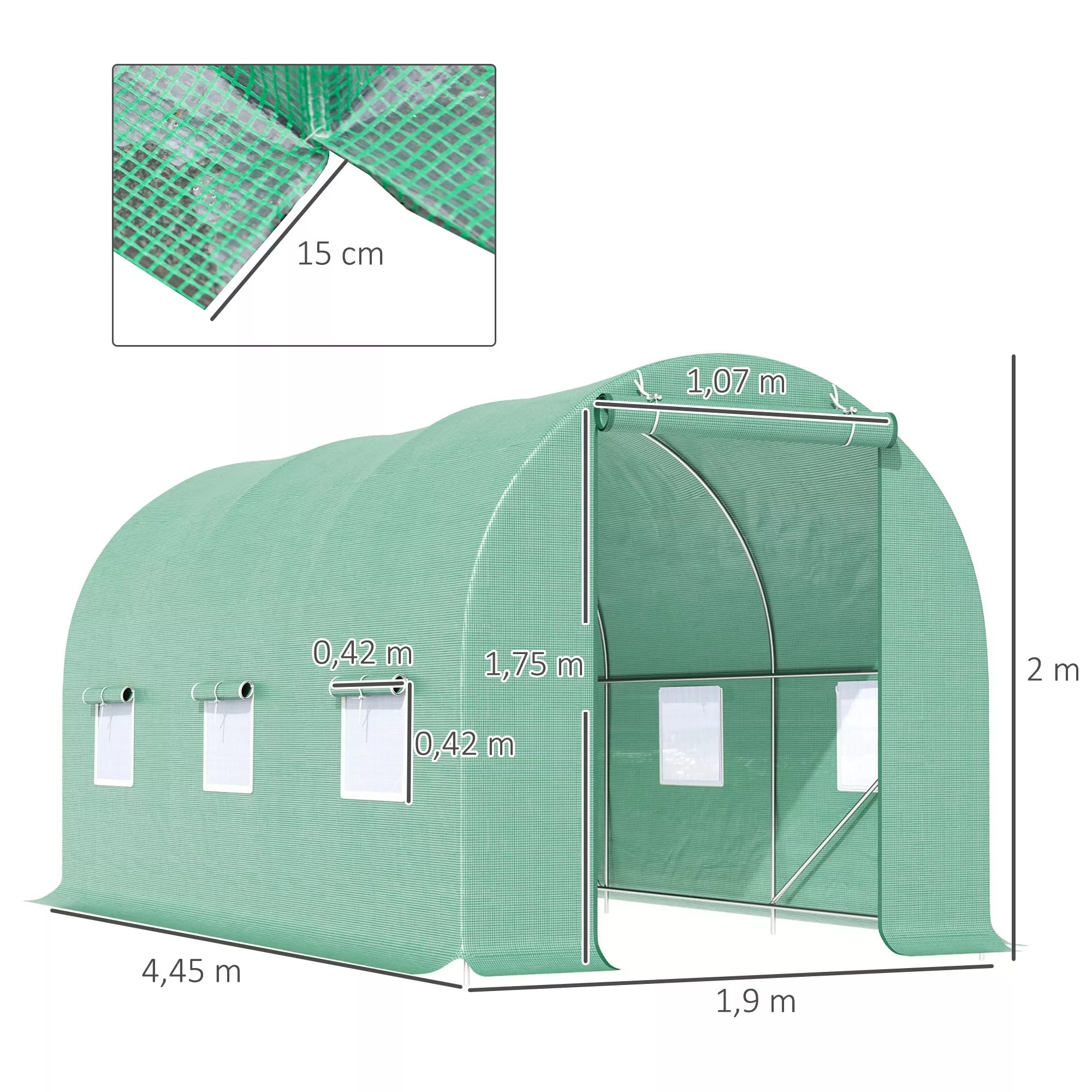 Schema su šiltnamio matmenimis: 4,45 × 1,9 m, aukštis 2 m