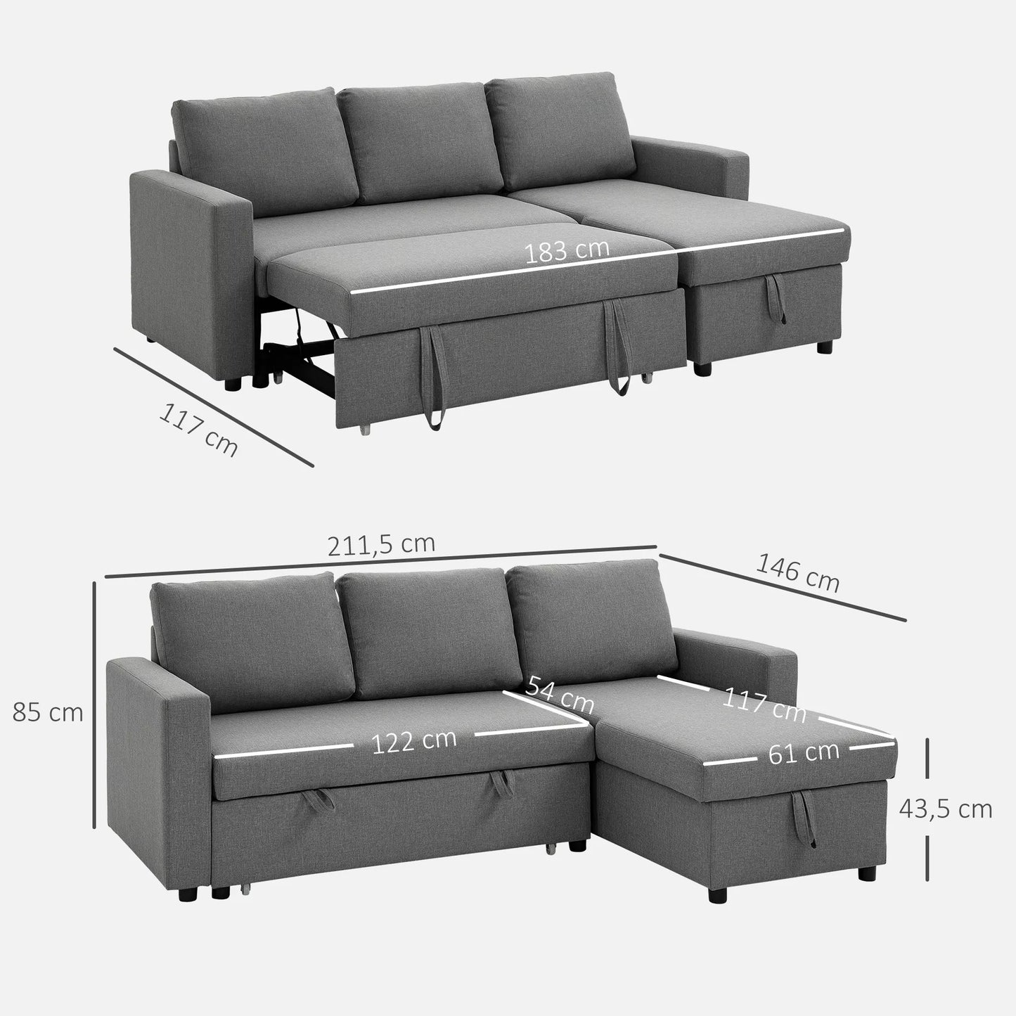 Kampinė sofa su miegojimo funkcija ir daiktadėže, kampinė sofa su patalynės dėže, čiažlongas, miegamoji sofa, audinio sofa, L formos, lininis paviršius, šviesiai pilka, 211,5 x 146 x 85 cm