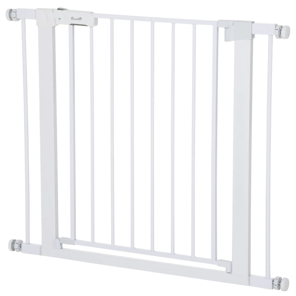 Durų grotelės, montavimas be gręžimo, reguliuojamas plotis 75–96 cm, atidaromos viena ranka, metalinės, baltos, automatinio uždarymo kūdikių apsauginės grotelės