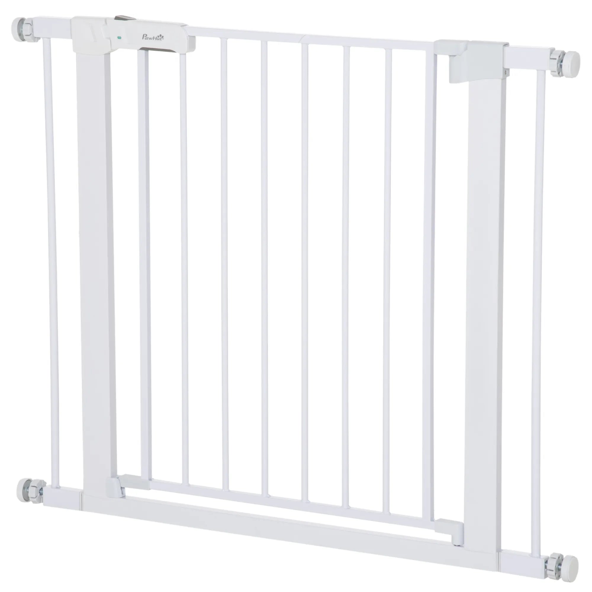 Durų grotelės, montavimas be gręžimo, reguliuojamas plotis 75–96 cm, atidaromos viena ranka, metalinės, baltos, automatinio uždarymo kūdikių apsauginės grotelės