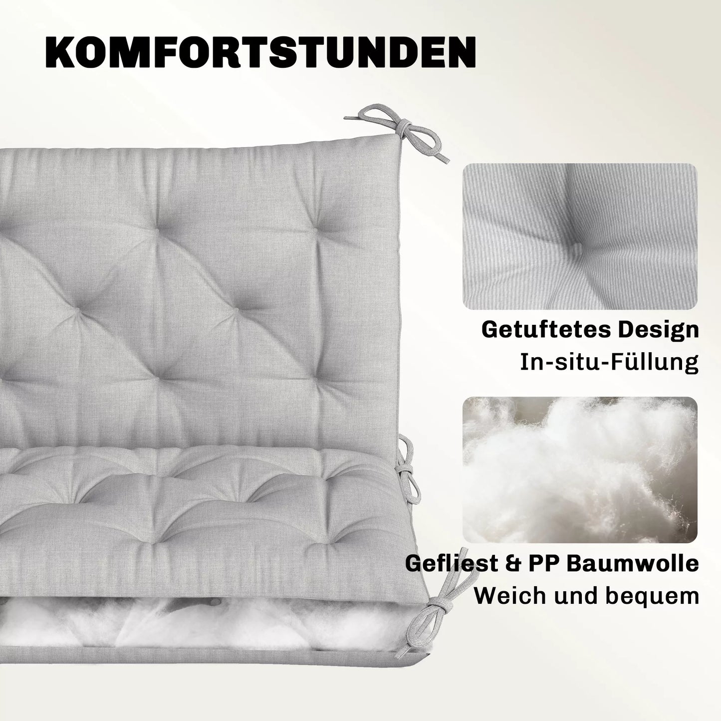 3 vietų suoliuko pagalvėlė 150x98x8 cm su tvirtinimo juostelėmis, sodo baldų pagalvėlė sūpynėms, šviesiai pilka