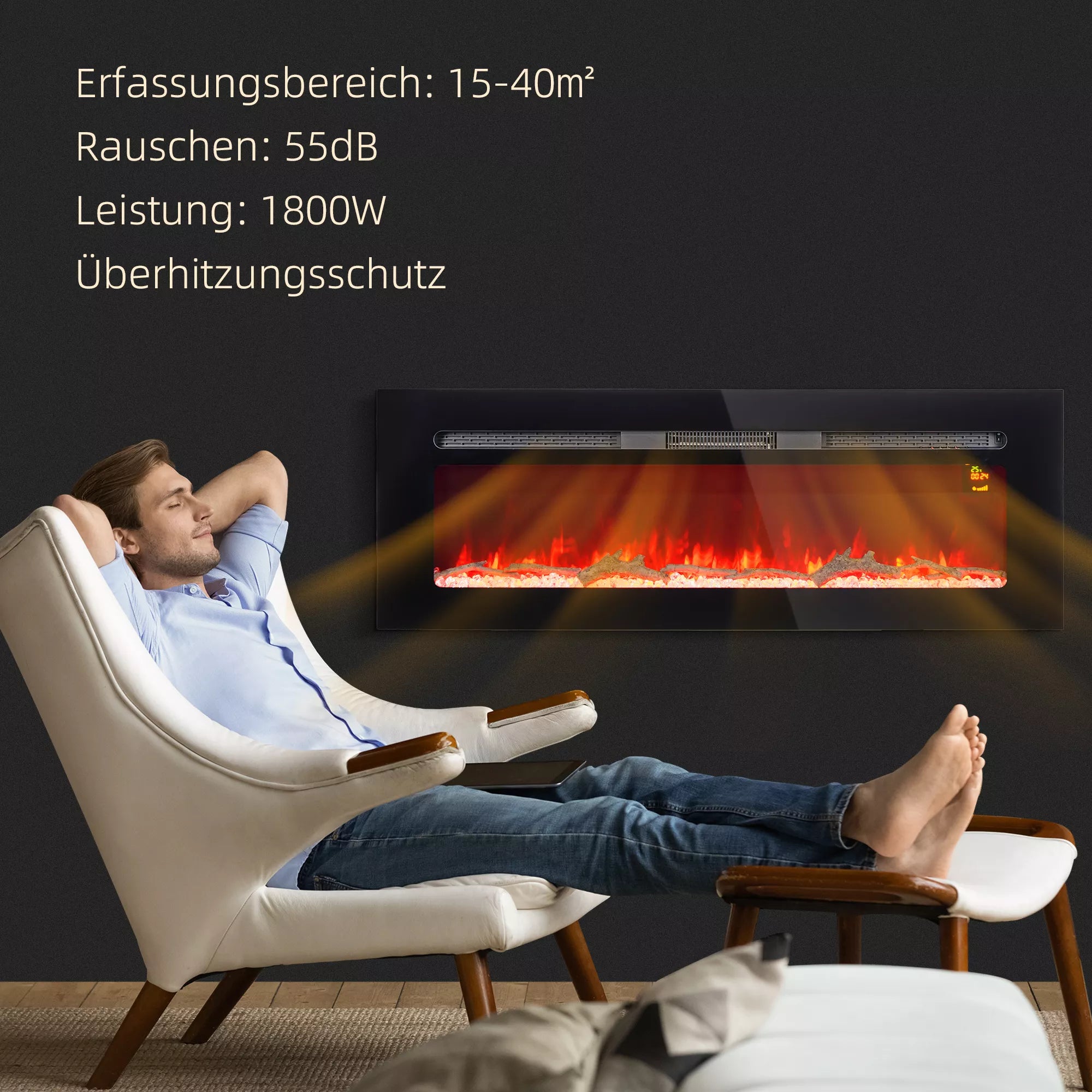 Elektrinis židinys su sieniniu laikikliu ir nuotolinio valdymo pulteliu, dirbtinės malkos ir kristalai, 1800W galia, juodos spalvos.