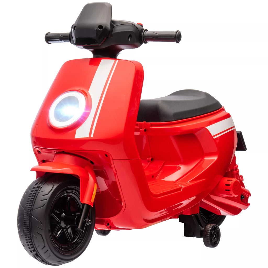 6 V elektrinis motociklas vaikams, su žibintu ir muzika, priekinė ir atbulinė eiga, pagalbiniai ratai, 18–36 mėnesių, raudonas
