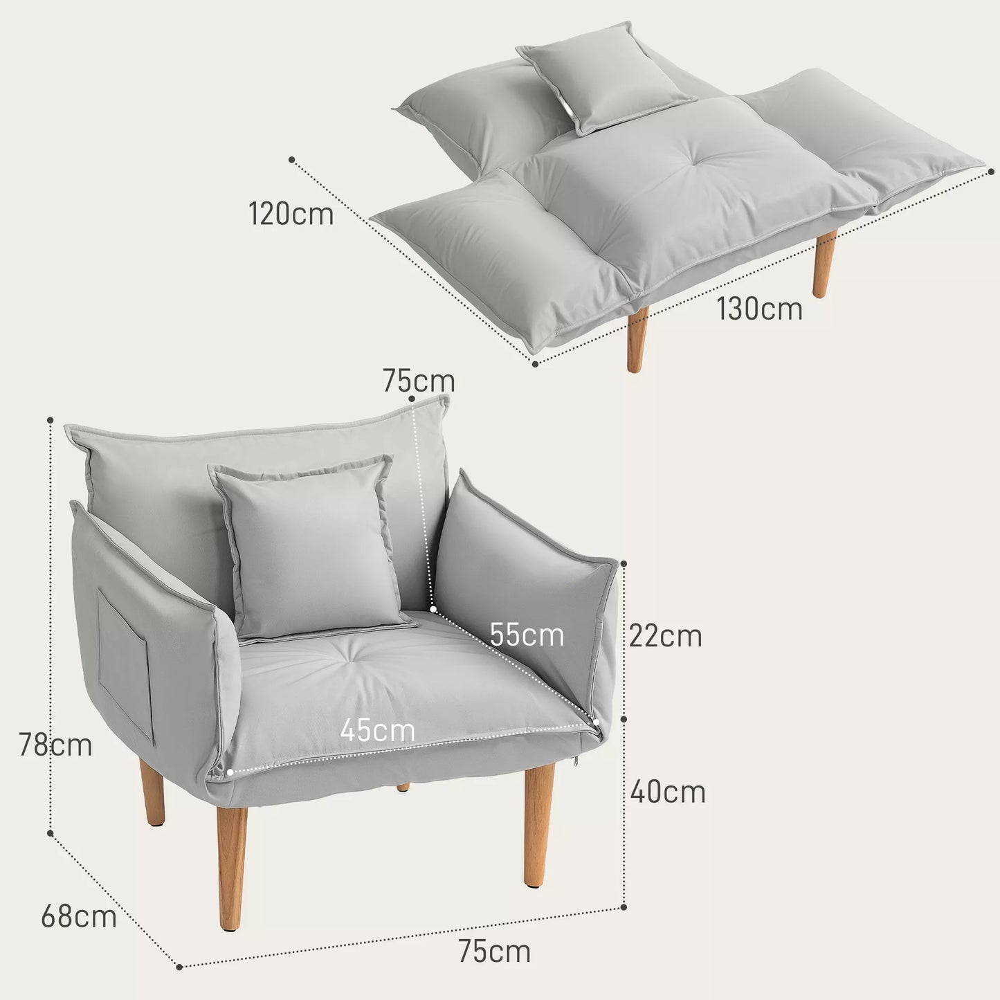 2-in-1 Reguliuojamas laisvalaikio krėslas, sėdynė ant grindų su pagalvele, minkštas fotelis, svetainei, miegamajam, šviesiai pilkas