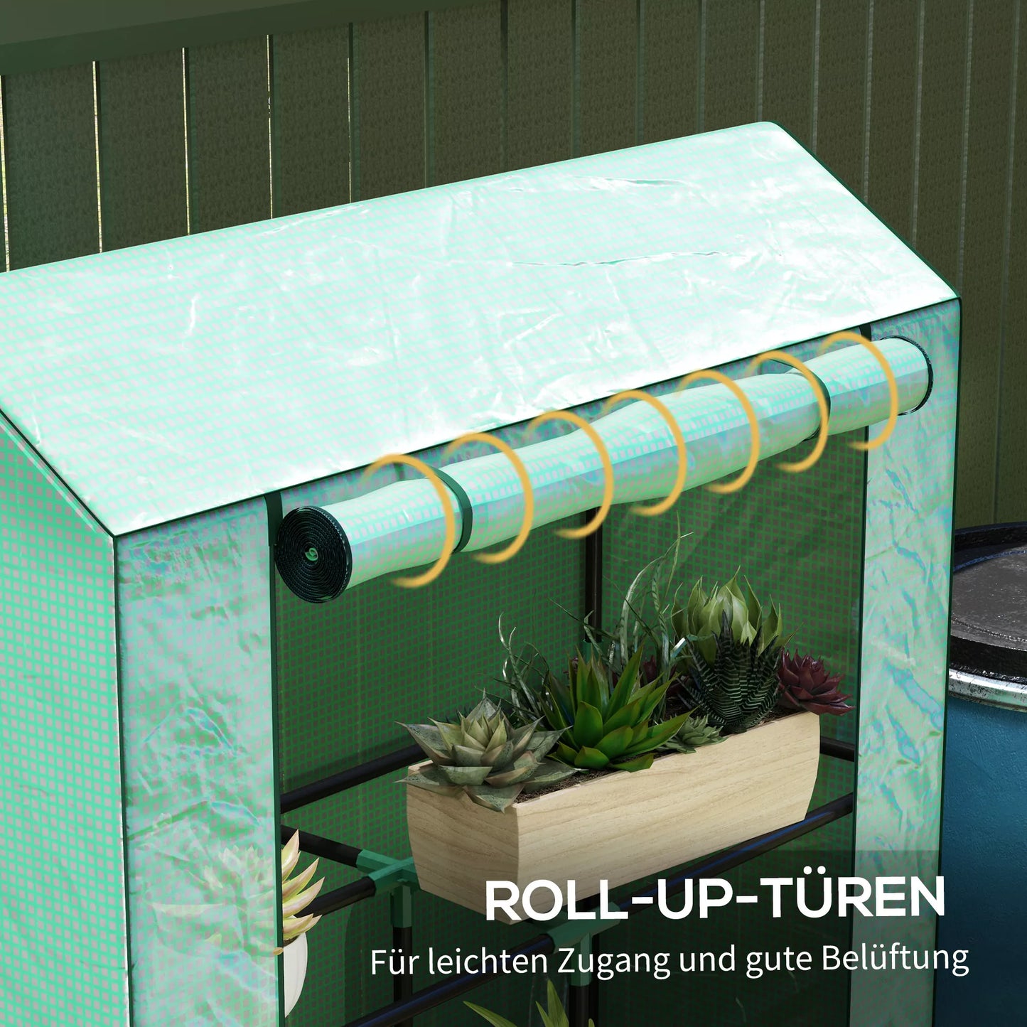 Šiltnamis su 3 pakopų lentyna, UV atsparus plastikinis uždangalas, ritininės durys, 100 x 40 x 150 cm, žalias