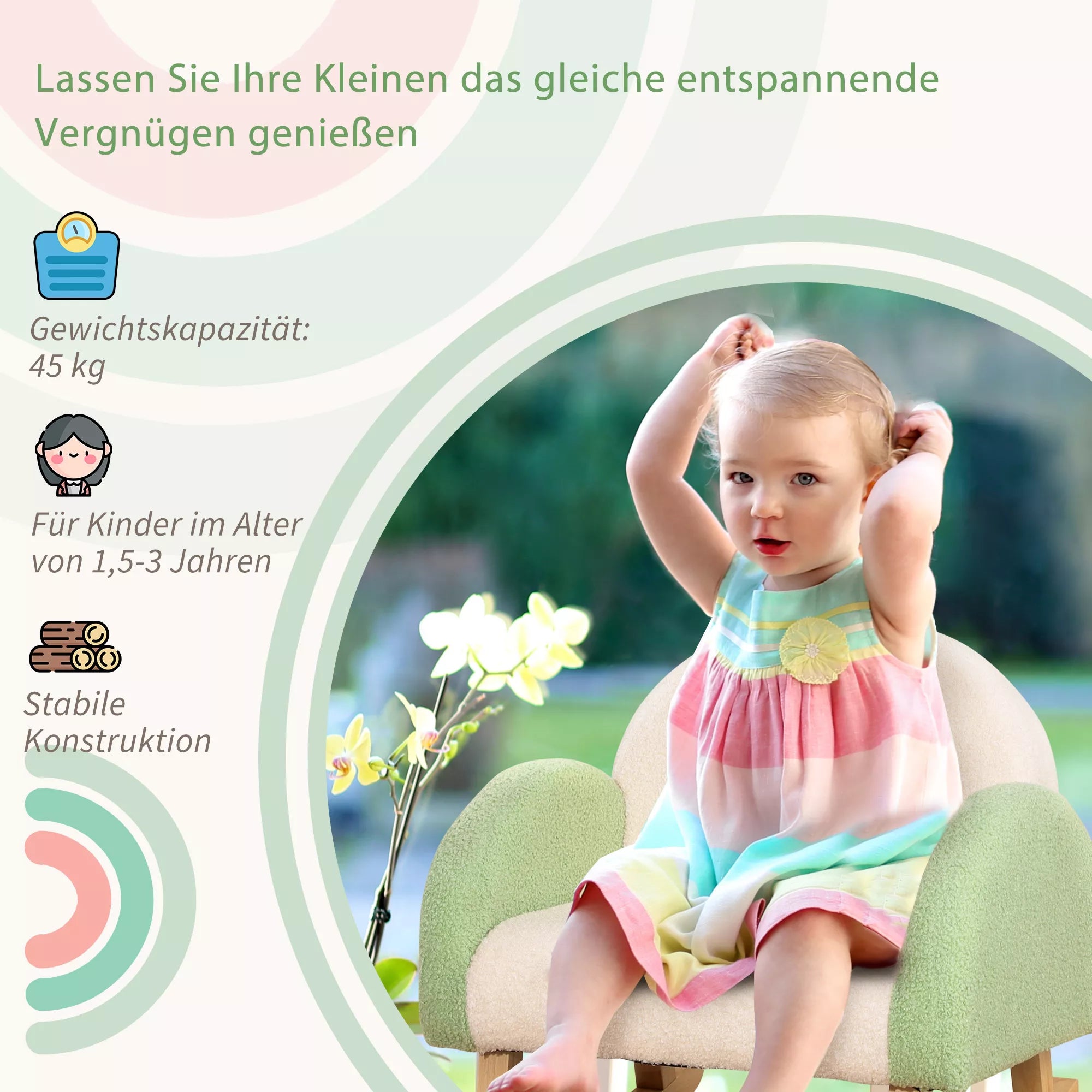 Sūpynės kėdė mažiems vaikams Mielas dizainas, dirbtinė avikailio oda, eukalipto mediena Žalia + geltona smėlio spalva