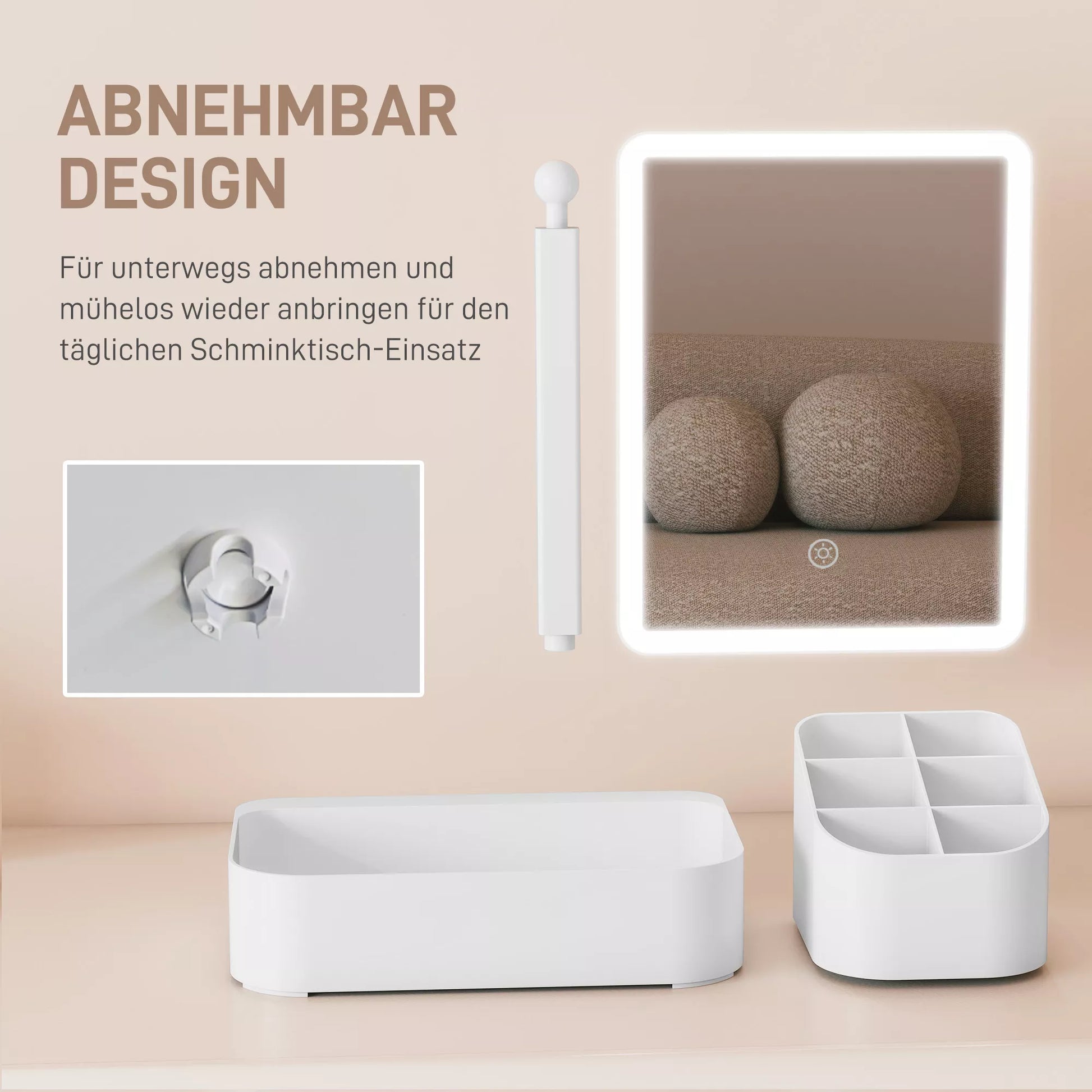 Apšvietimas su apšvietimu, įkraunamas, 180° pasukamas LED kosmetikos veidrodis su 2 apšvietimo režimais, baltas