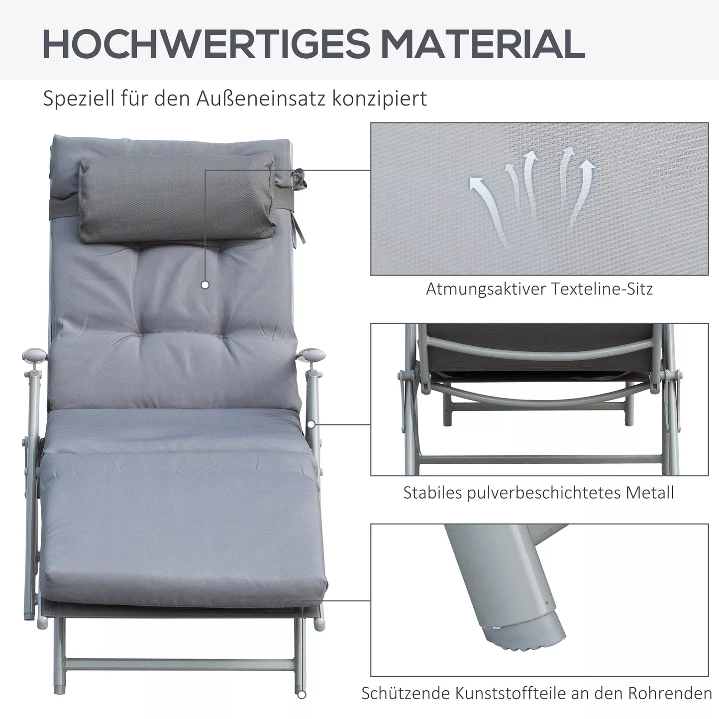 Sulankstoma lauko gultas su pagalvėlėmis ir 7 padėčių atlošo reguliavimu, atlaikantis iki 165 kg, sodui, atostogoms, lauke, pilkos spalvos