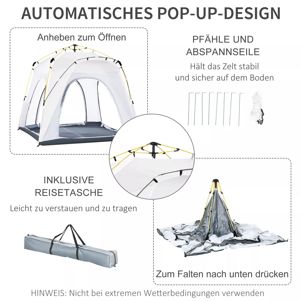 Pop Up kupolinė palapinė 4 asmenims, lengva, tvirta, nepralaidi vandeniui, UV 50+, su kabliais, durimis, langais, grindų danga.