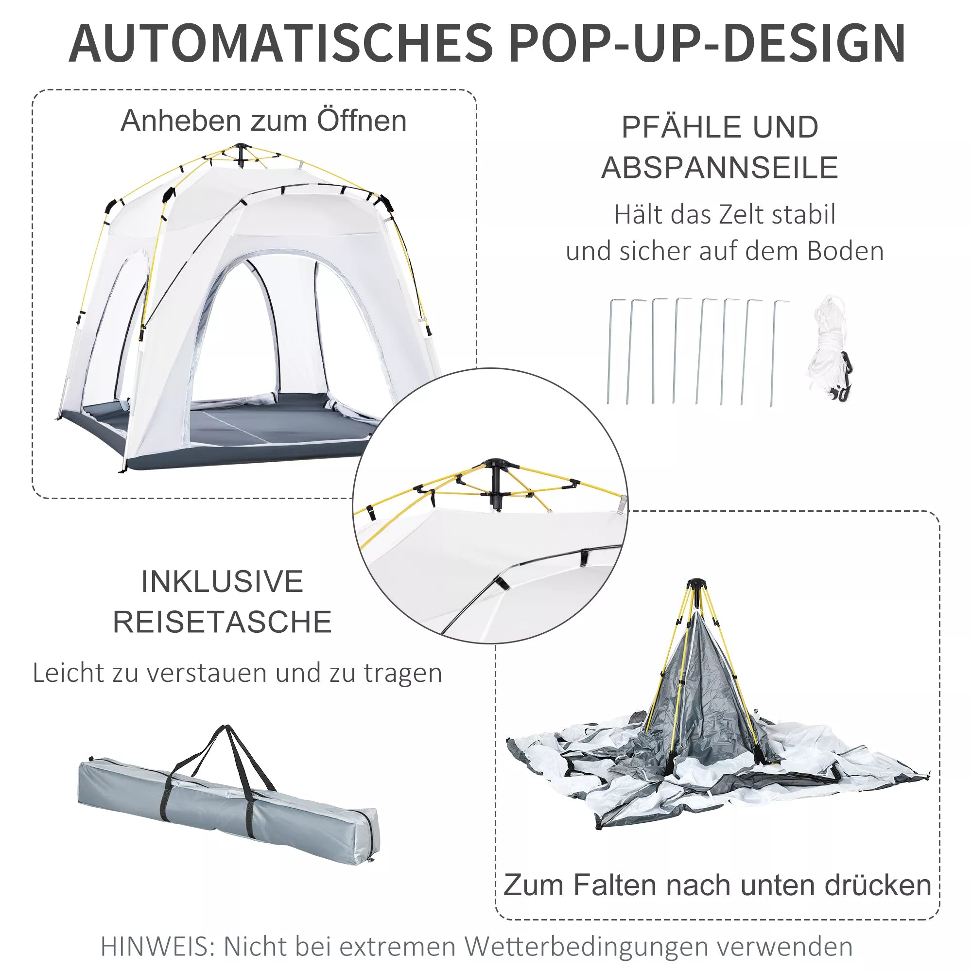 Pop Up kupolinė palapinė 4 asmenims, lengva, tvirta, nepralaidi vandeniui, UV 50+, su kabliais, durimis, langais, grindų danga.
