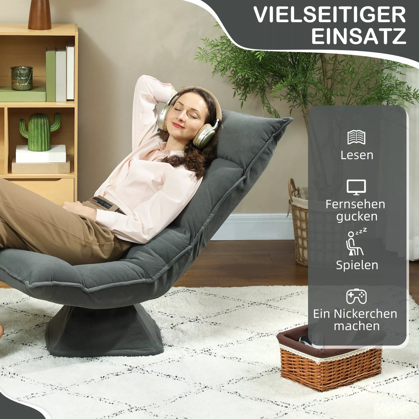 Grindų krėslas su 5 padėtimis reguliuojamu atlošu, pasukamas, moderni minkšta kėdė, tamsiai pilka