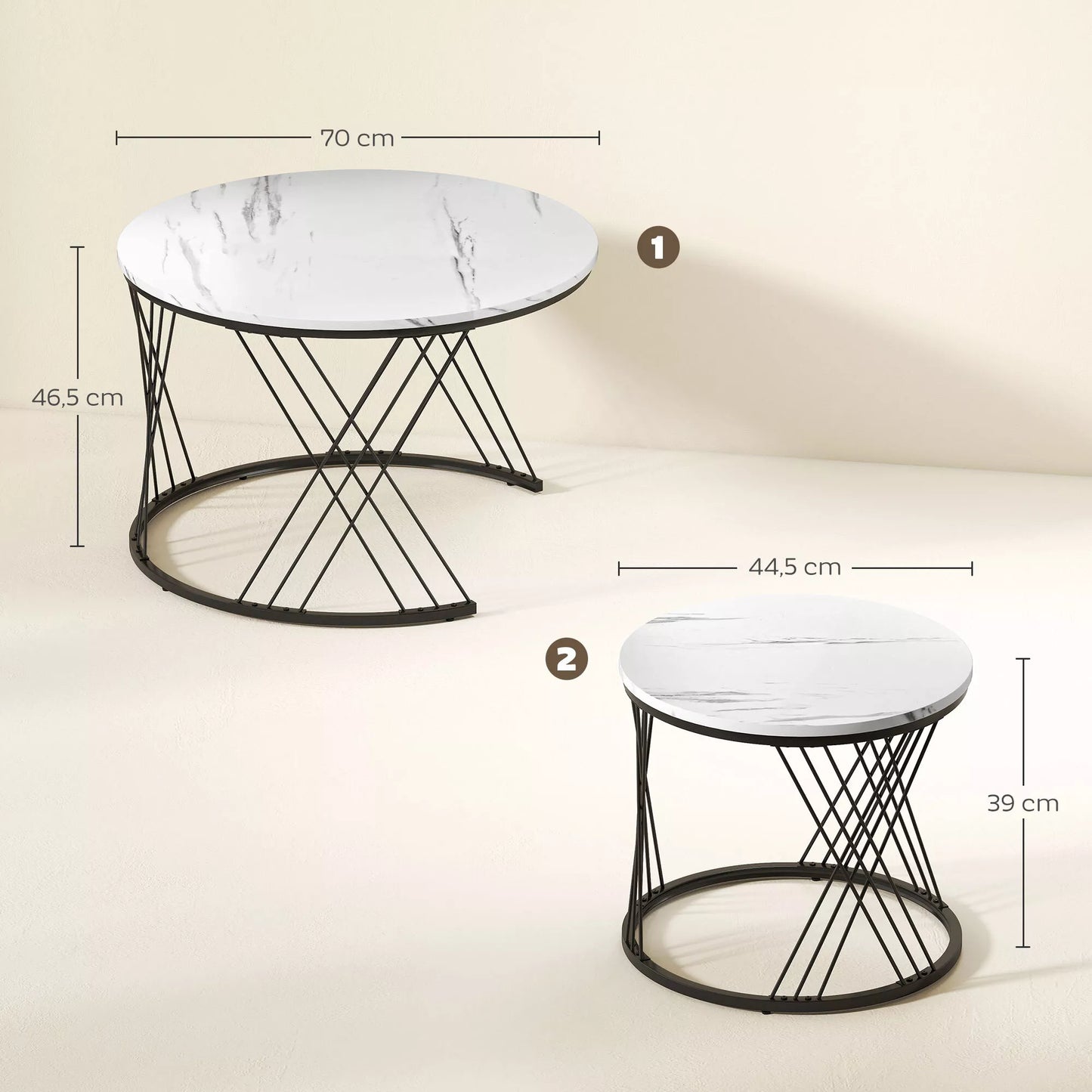 2 vnt. komplektas, marmuro imitacija, medžio drožlių plokštė, metalas, apvalūs kavos staliukai, sudedami vienas į kitą, balti