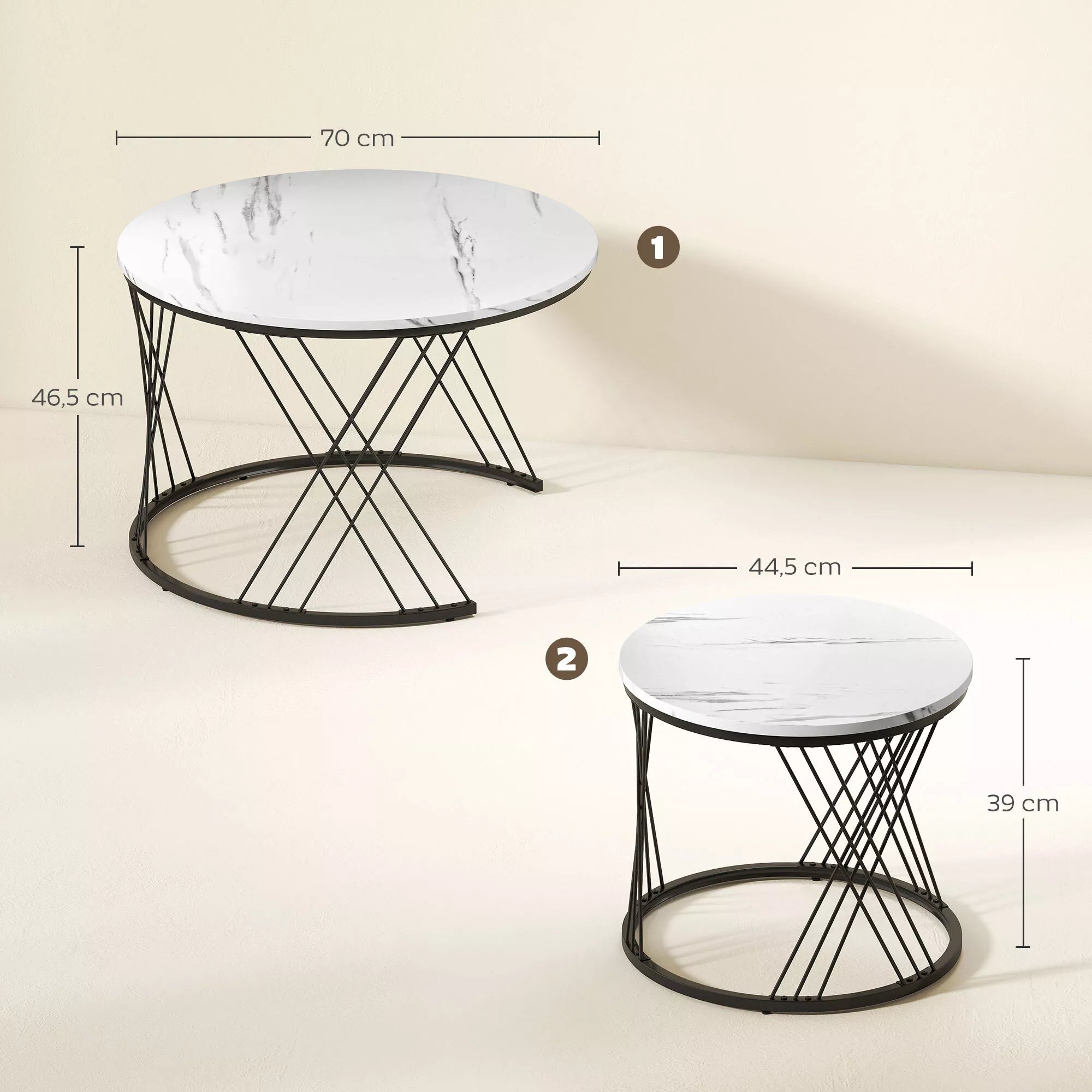Kavos staliukų matmenų schema su išmatavimais 70, 44,5 ir 39 cm