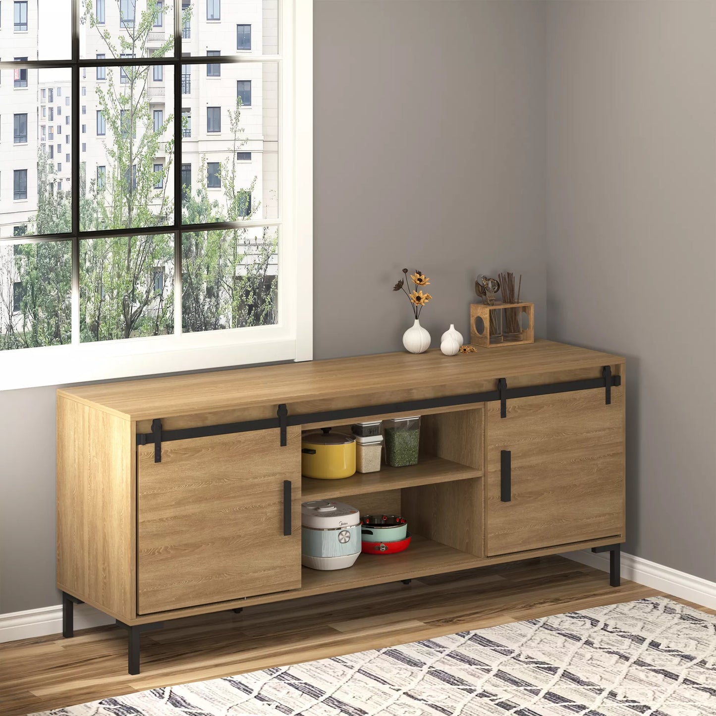 183 cm Pilnas stumdomųjų durų komplektas Stumdomųjų durų sistema su grindų kreipiančiąja, stumdomųjų durų bėgelis, ratukai, anglies plieno stumdomųjų durų furnitūra, dviguboms stumdomosioms durims