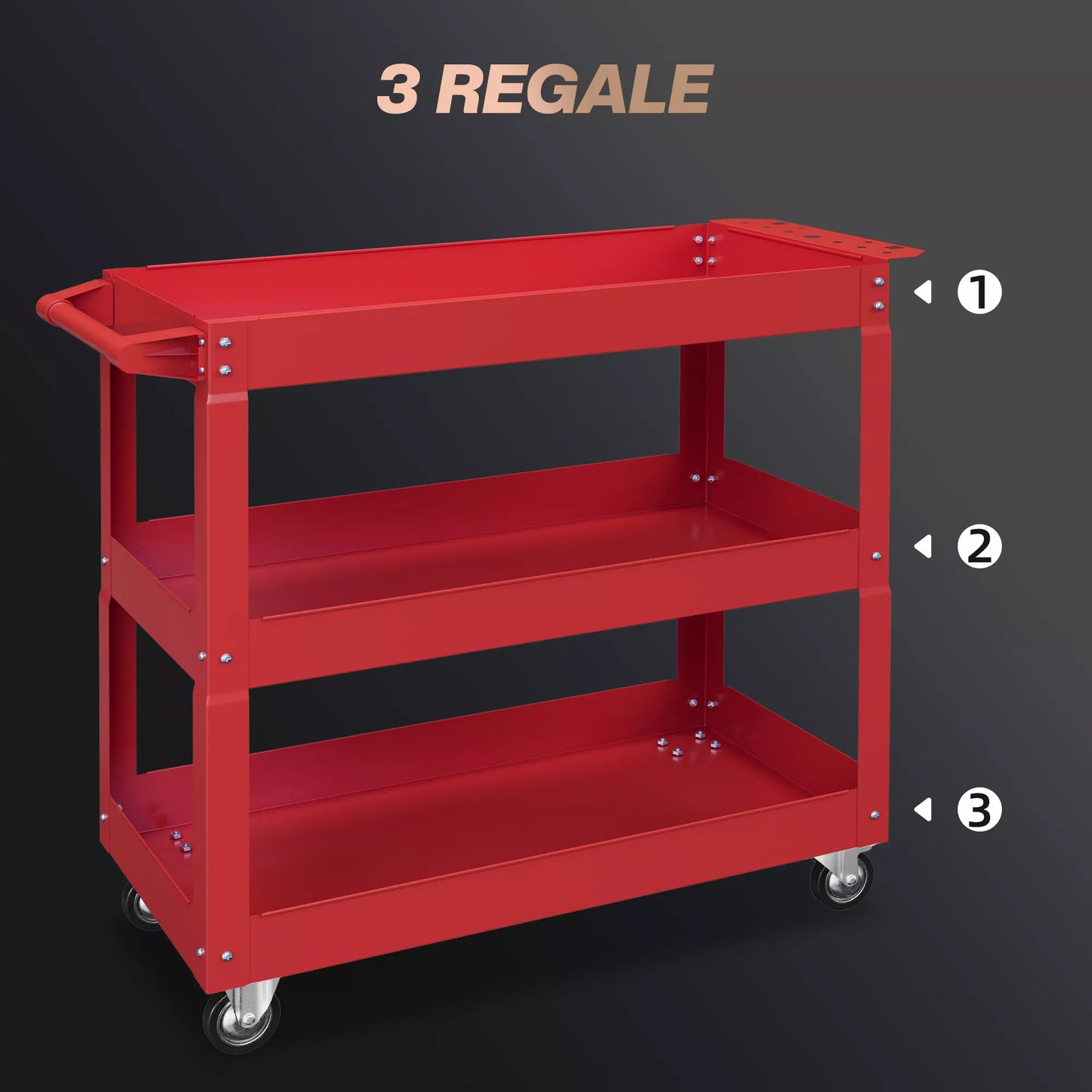 3 pakopų įrankių vežimėlis, 4 ratai, plienas, 83P x 35,3G x 76A cm, raudonas