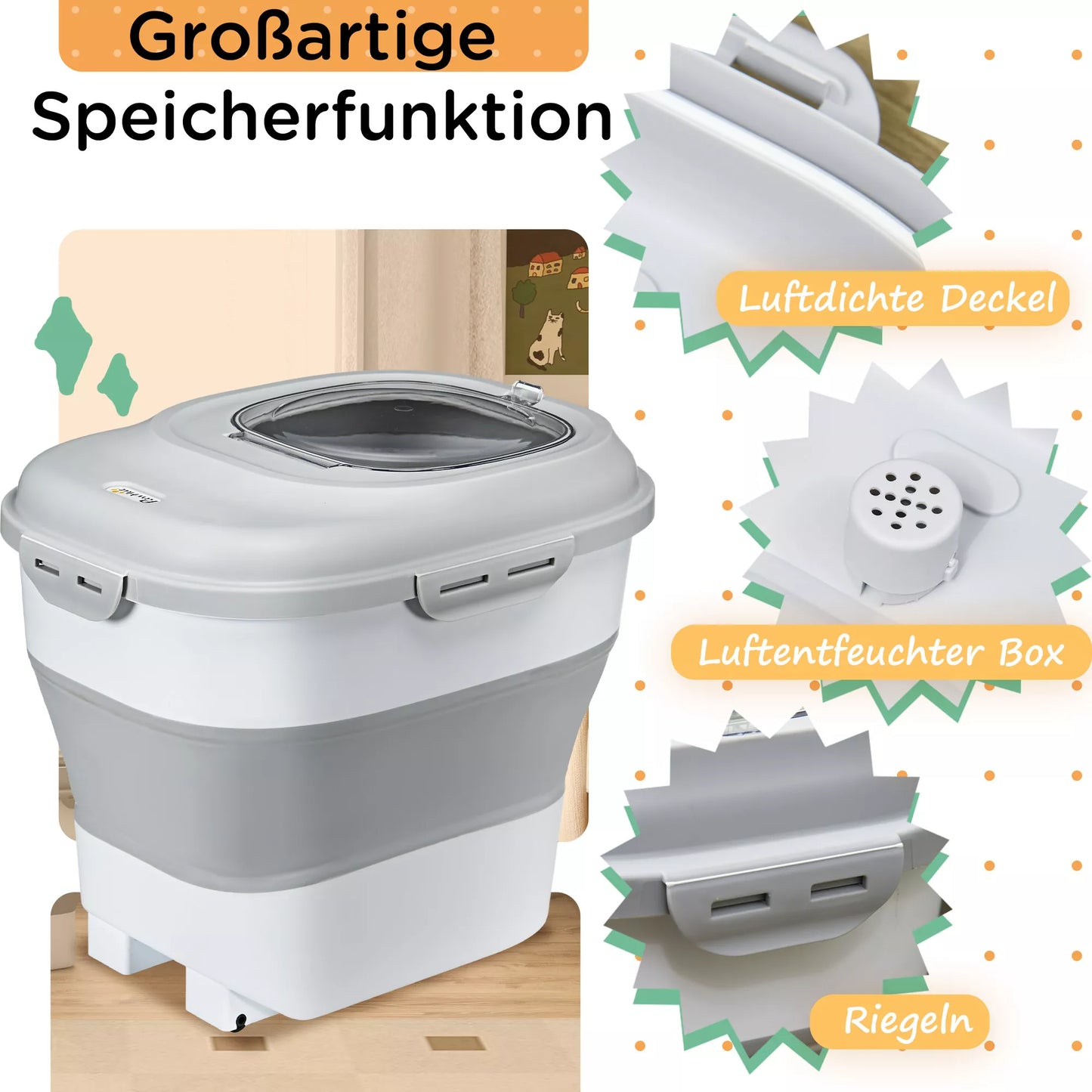 Sulankstomas sauso maisto laikiklis, iki 25 kg, su priedais, 44x32x37cm, Pilkas