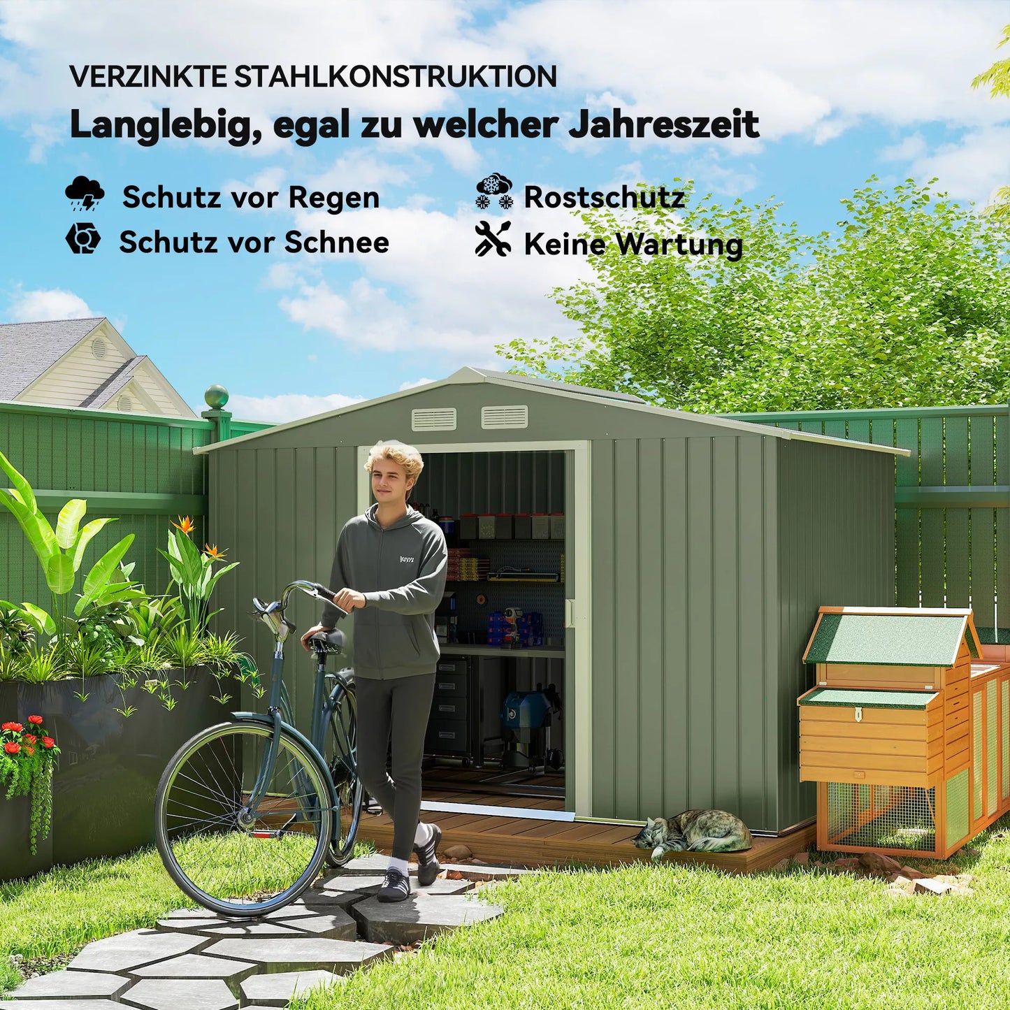 Metalinė sodo pavėsinė su stumdomomis durimis 2,77 x 1,95 x 1,92 cm, šviesiai žalia Outsunny