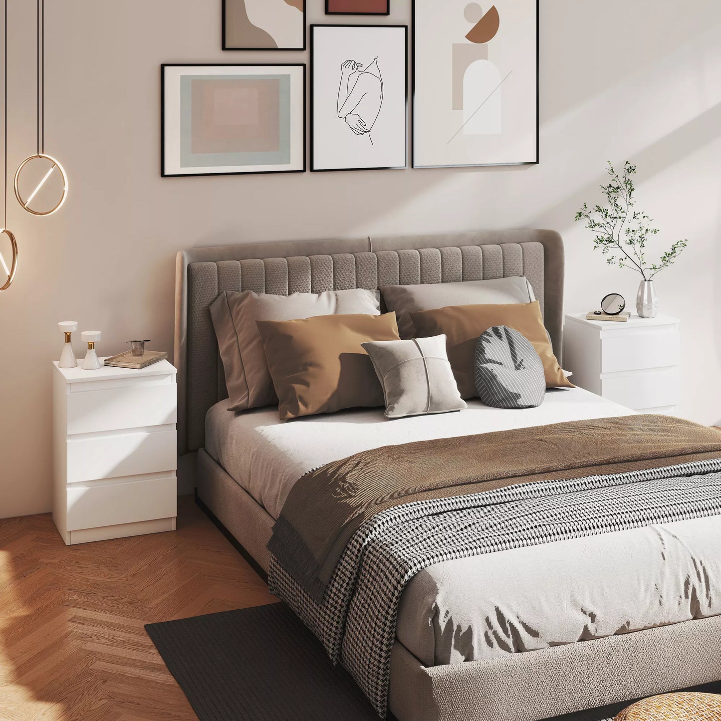 Naktiniai staleliai 2 vnt. komplekte, 3 stalčiai, beranktis dizainas, medžio imitacijos, balti