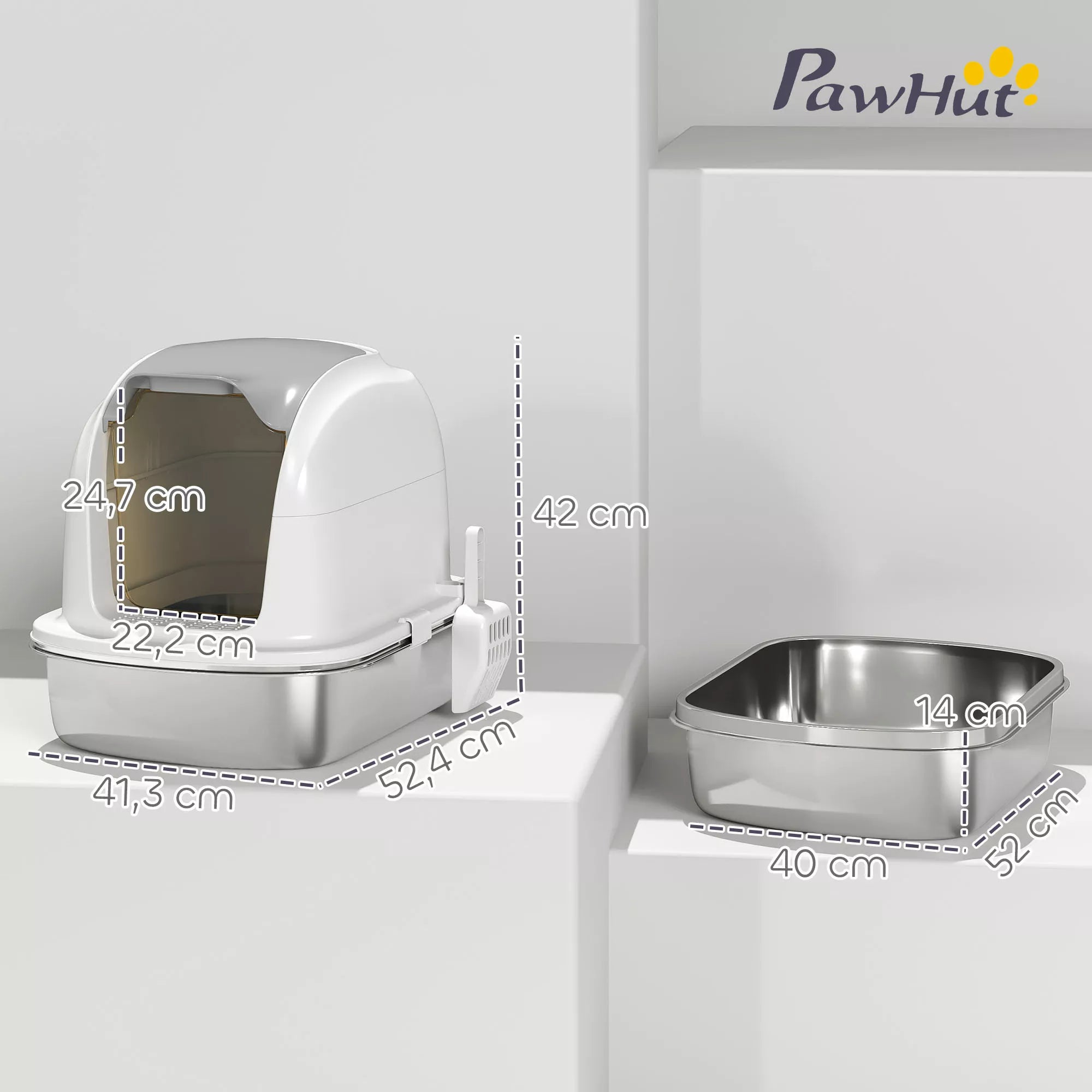 Katės tualetas iš nerūdijančio plieno su dangčiu, katės tualetas su vonele, kastuvėlis, skirtas katėms, sveriančioms mažiau nei 5 kg, 52,4 x 41,3 x 42 cm, baltas