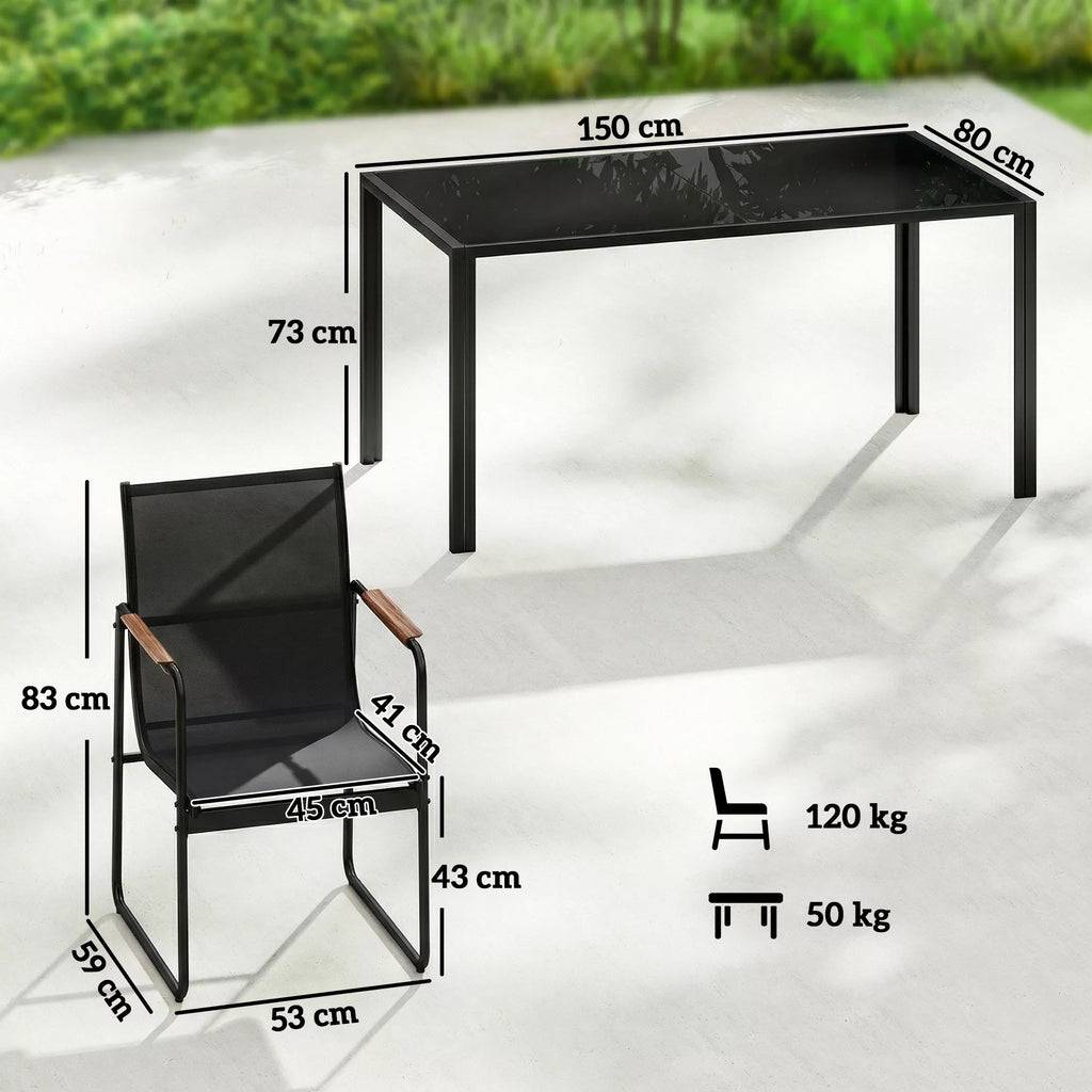 Sodo baldų komplektas Sėdimoji grupė 150 x 80 cm Stiklinis stalas su 6 kvėpuojančiomis kėdėmis Dekoratyvinės porankės Juodos spalvos