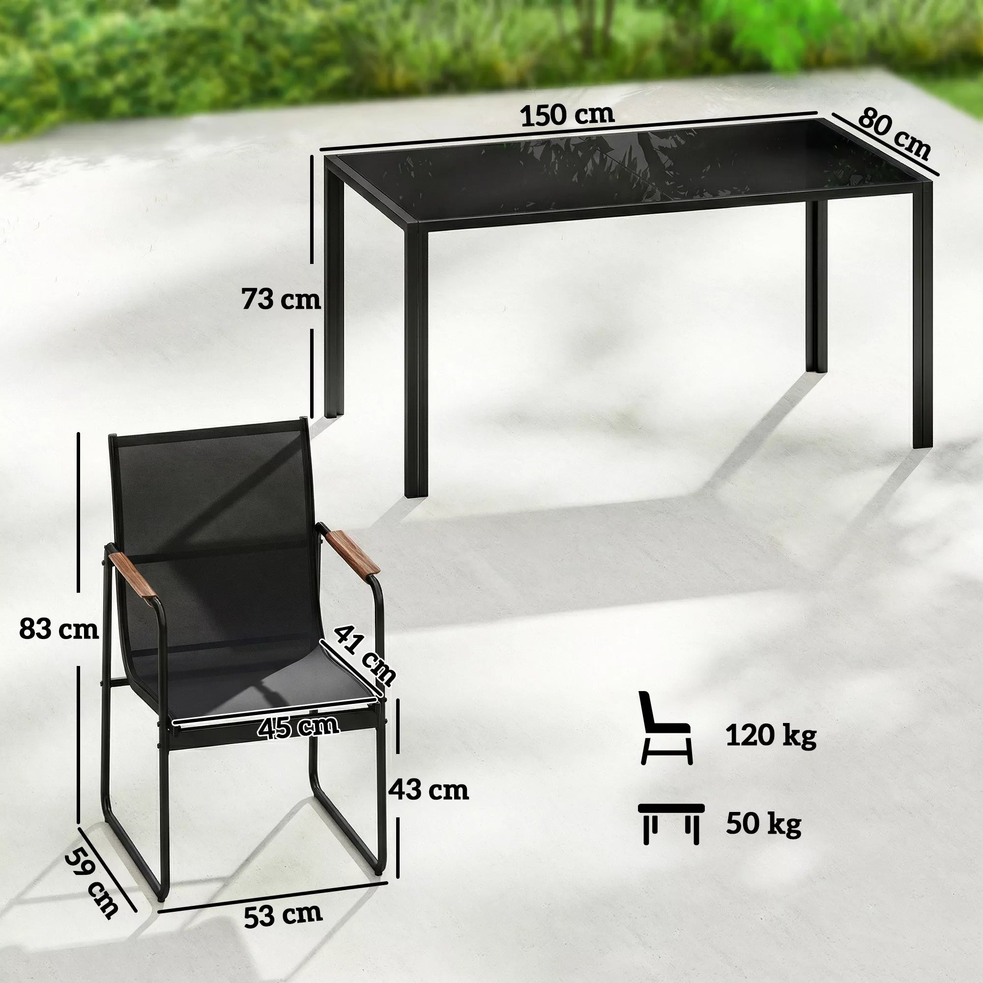 Sodo baldų komplektas Sėdimoji grupė 150 x 80 cm Stiklinis stalas su 6 kvėpuojančiomis kėdėmis Dekoratyvinės porankės Juodos spalvos
