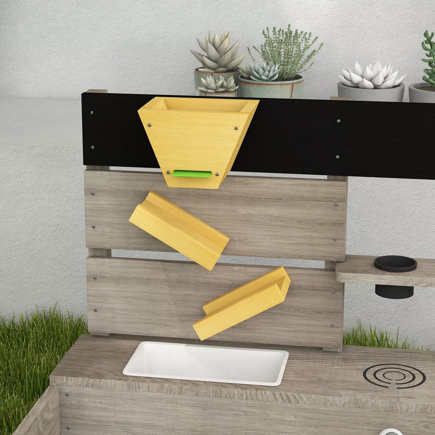 Smėlio dėžė su vandens stotele, 2 augalų dėžės, apdorota masyvi mediena, 154 x 80 x 60cm, pilka