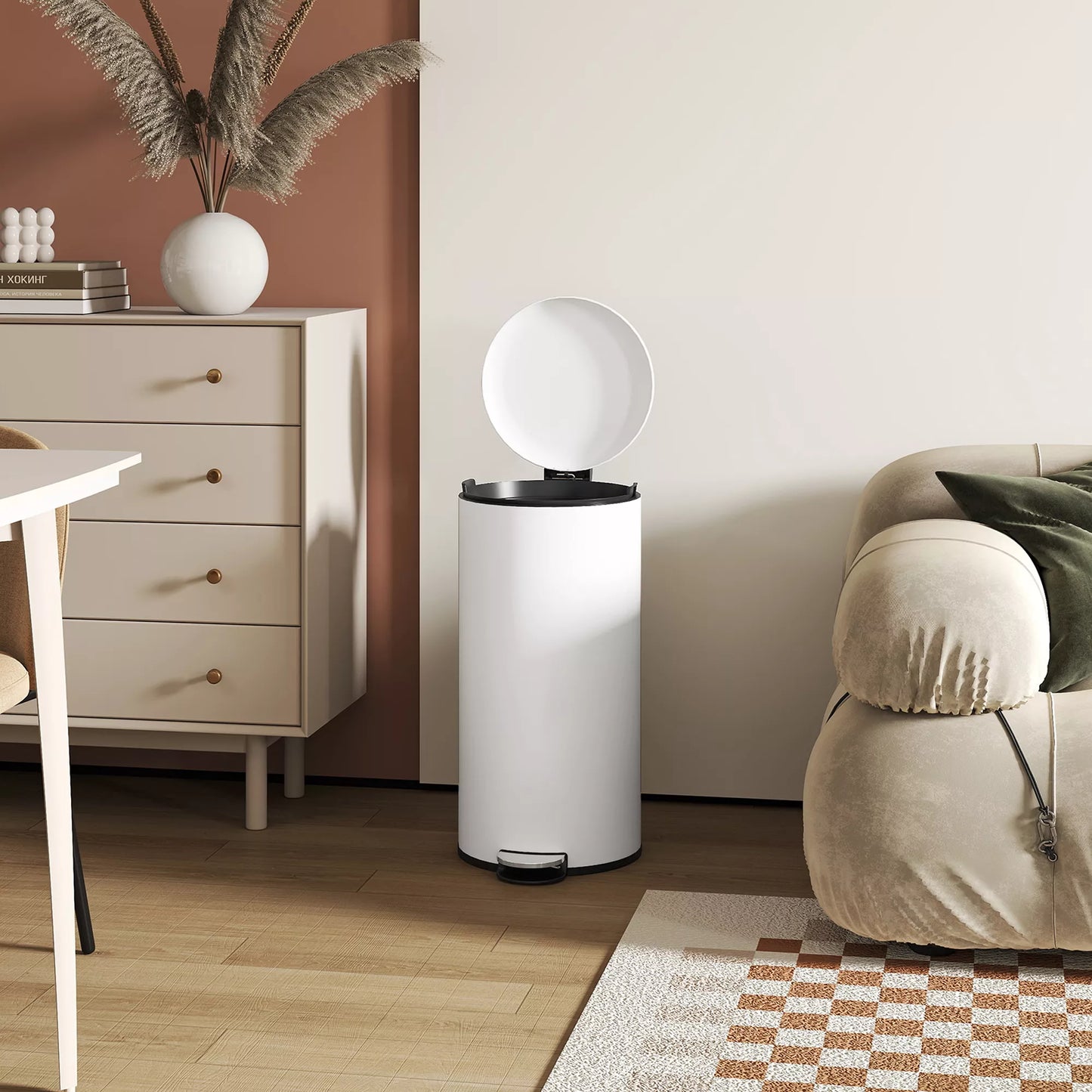 30 L šiukšliadėžė, su pedalu, užfiksuojamu dangčiu, atspari dėmėms, kreminės baltos spalvos