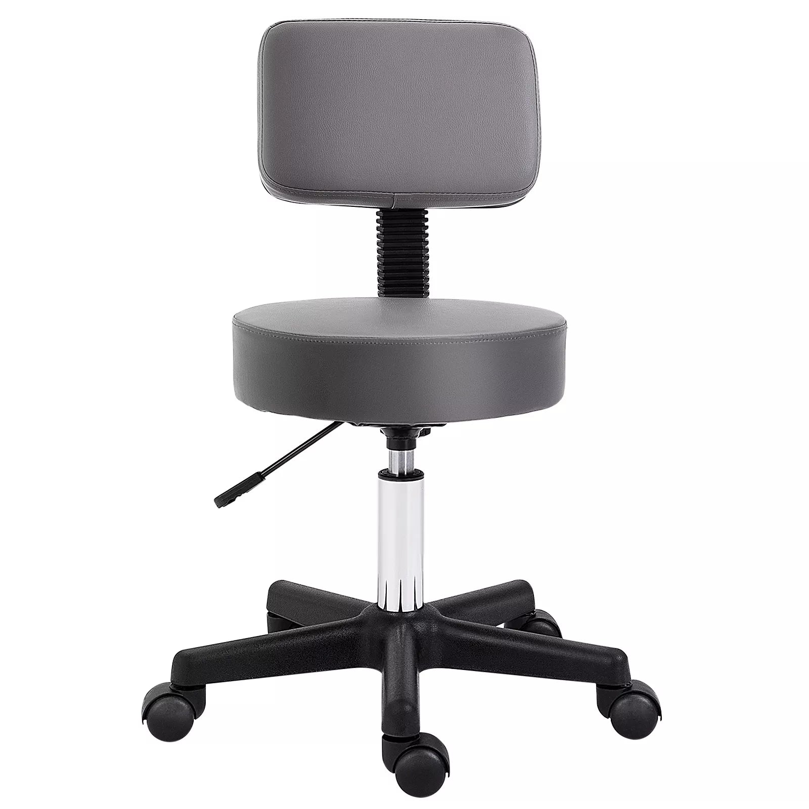 Salono taburetė, reguliuojamo aukščio, ergonomiška, 360° besisukanti, su 5 ratukais, pilkos spalvos sintetinė danga