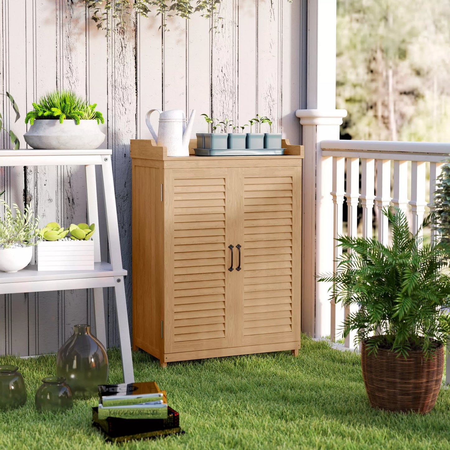 Sodo spintelė iš medžio, įrankių sandėliukas su darbo paviršiumi, atspari oro sąlygoms įrankių spintelė, 65,5x40x98,5 cm, geltona