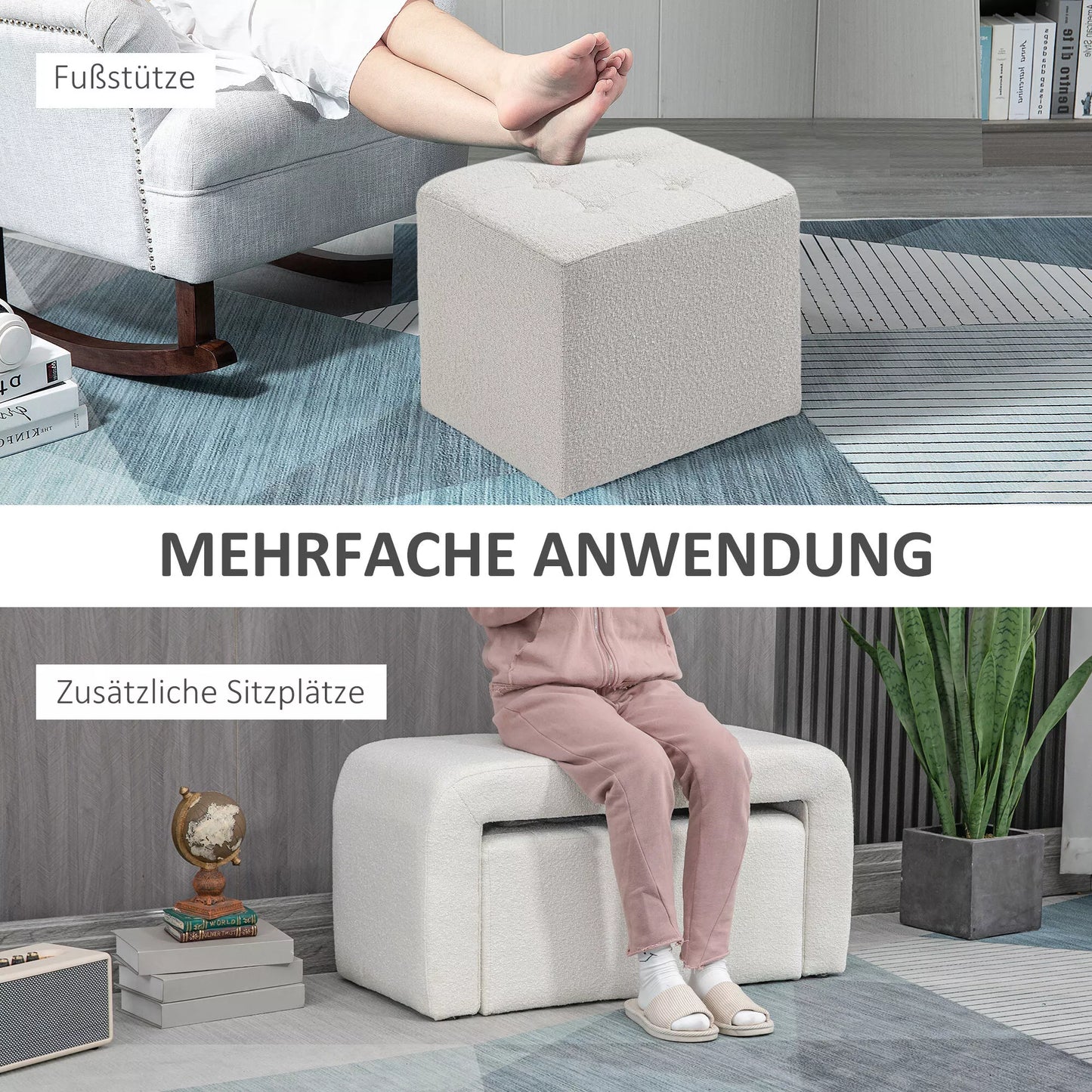 Pufų komplektas, 3 dalių, su sagčių dygsniavimu, 89 cm x 42,5 cm x 45 cm, kreminės spalvos