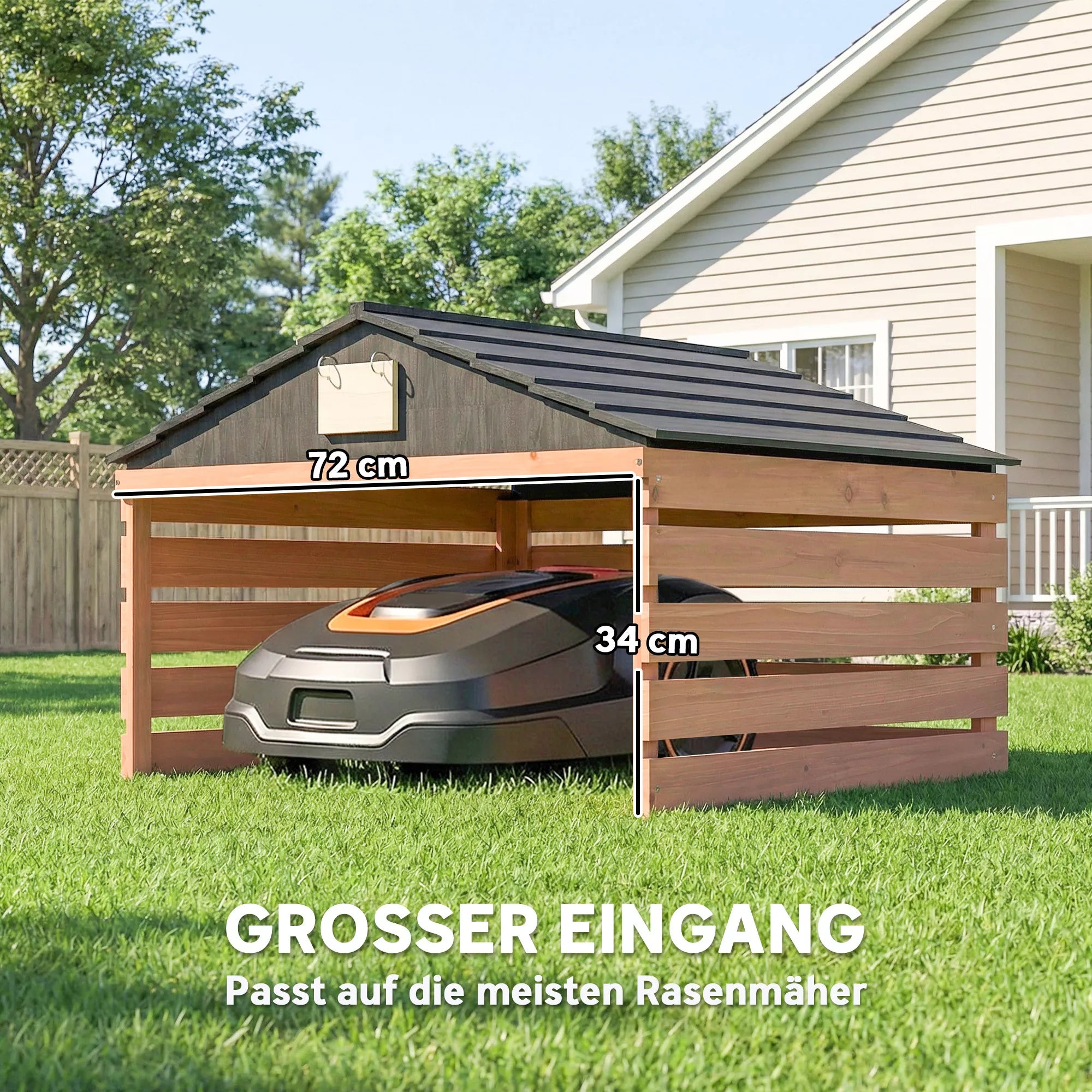 Robotų vejapjovių garažas su dvišlaičiu stogu, atsparus oro sąlygoms, garažas vejapjovėms, stoginė, 79 x 74 x 54 cm, raudonai rudos spalvos