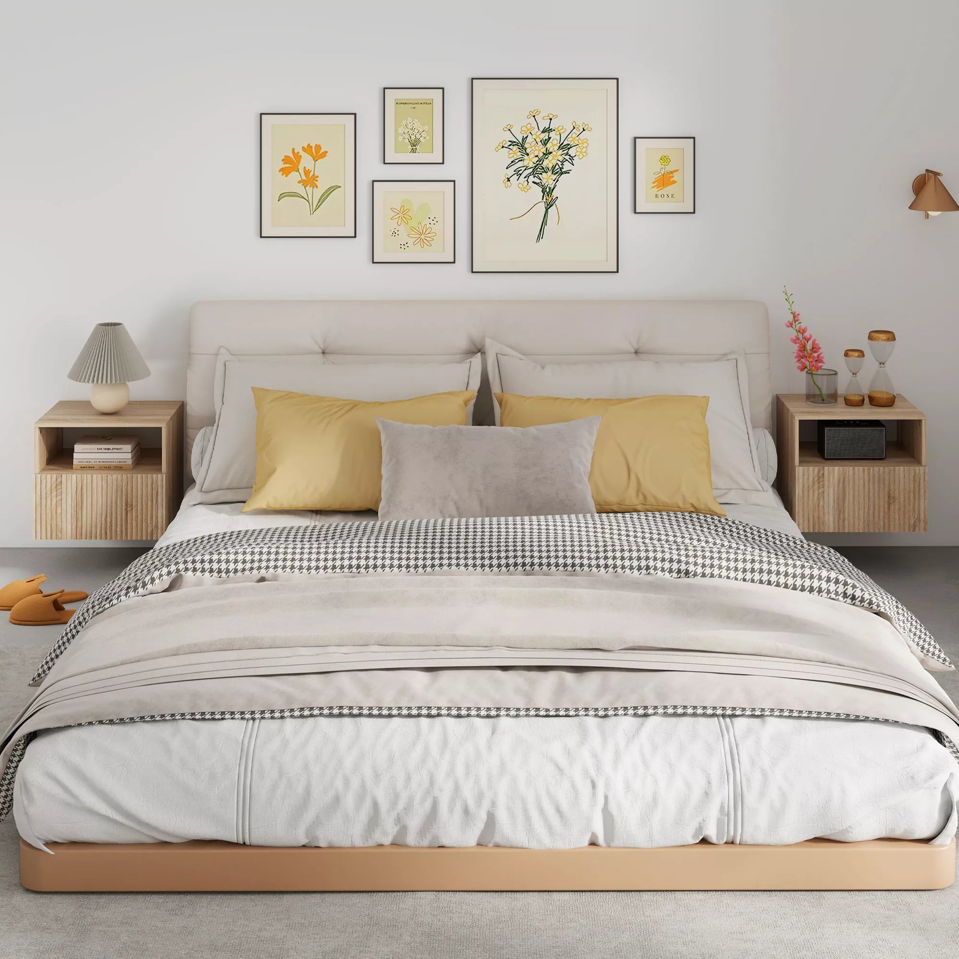 Naktinis staliukas, be rankenėlių dizainas, atvira dėžutė, stalčius, montuojamas prie sienos, šviesiai rudos spalvos