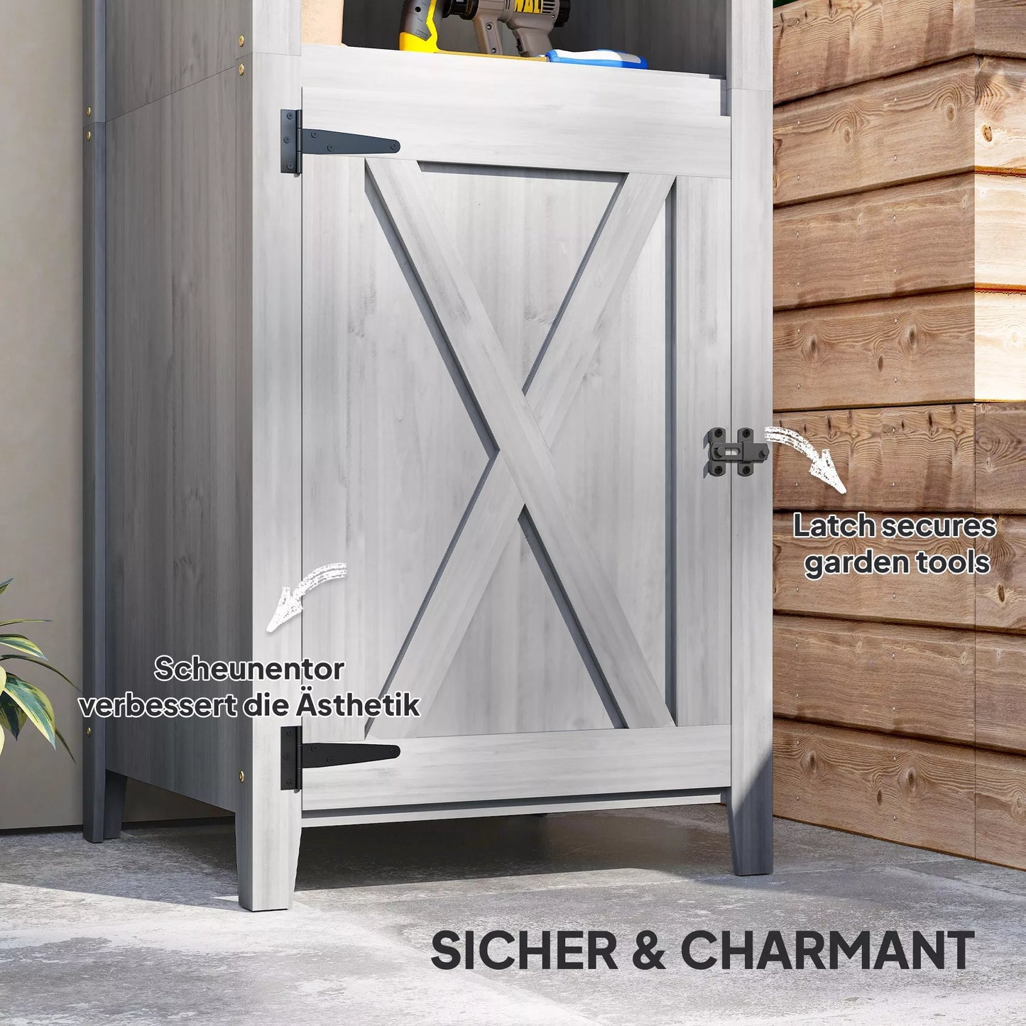 Sodo pašiūrė su tvarto durimis, reguliuojamos lentynos, dailus dizainas, eglės mediena, šviesiai pilka