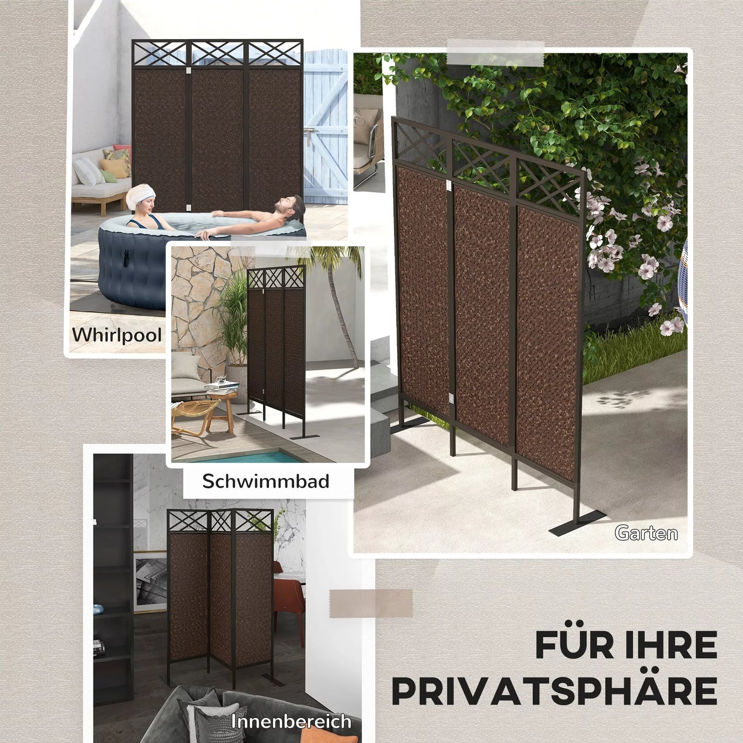 Pertvara paravanas, vintažinio dizaino, 3 dalių, 148 cm x 33 cm x 181 cm, Ruda + Juoda