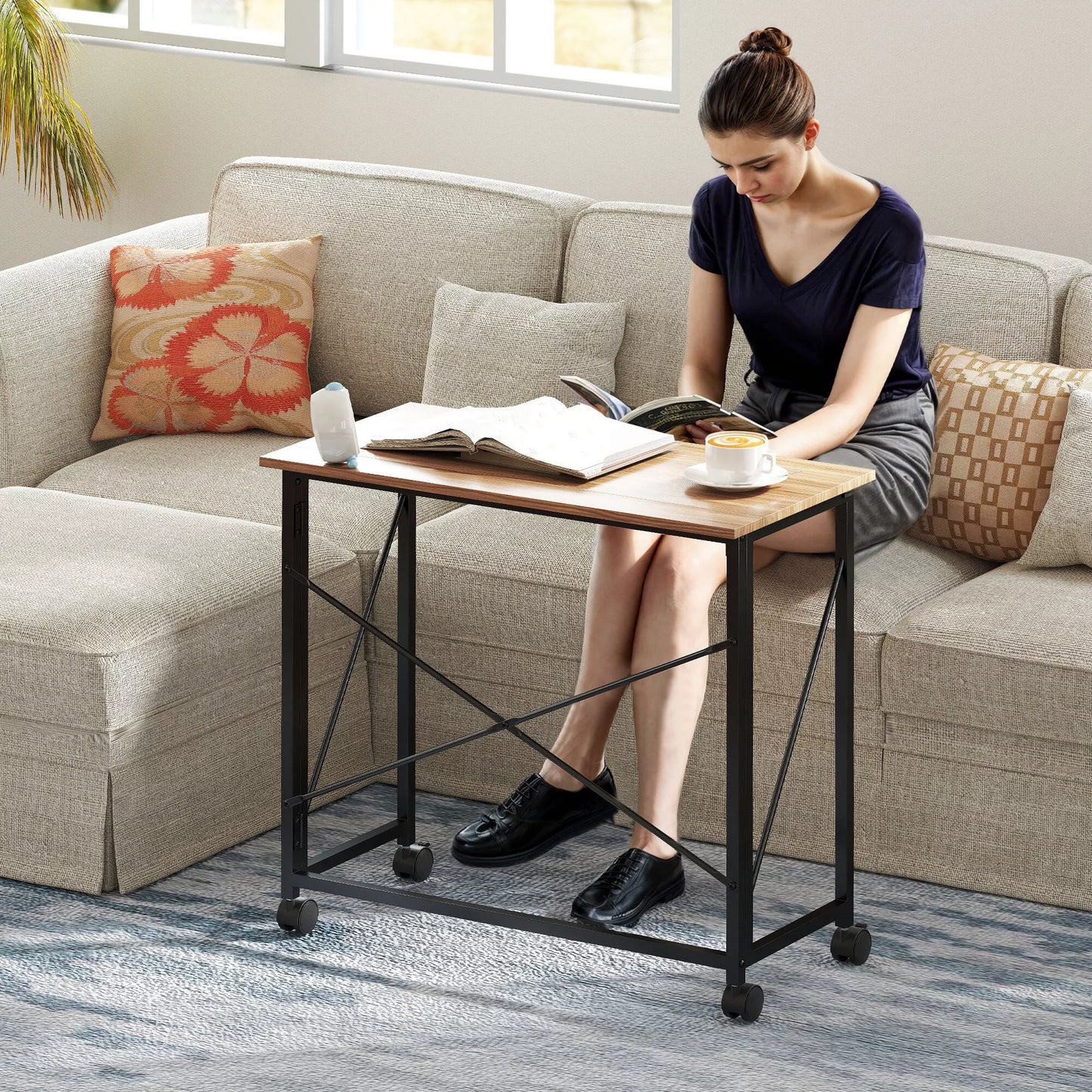 Sulankstomas rašomasis stalas su ratukais, taupantis vietą, plienas, MDF, ąžuolas