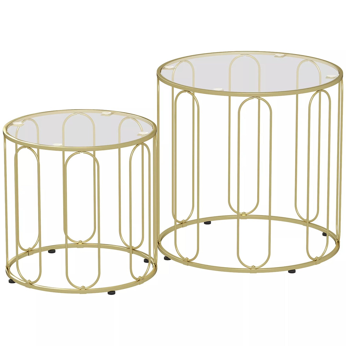2 vnt. rinkinys, stikliniai stalai, vienas į kitą įstatomi, stikliniai stalviršiai, aukso spalvos metalinis rėmas