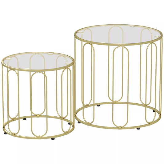 2 vnt. rinkinys, stikliniai stalai, vienas į kitą įstatomi, stikliniai stalviršiai, aukso spalvos metalinis rėmas