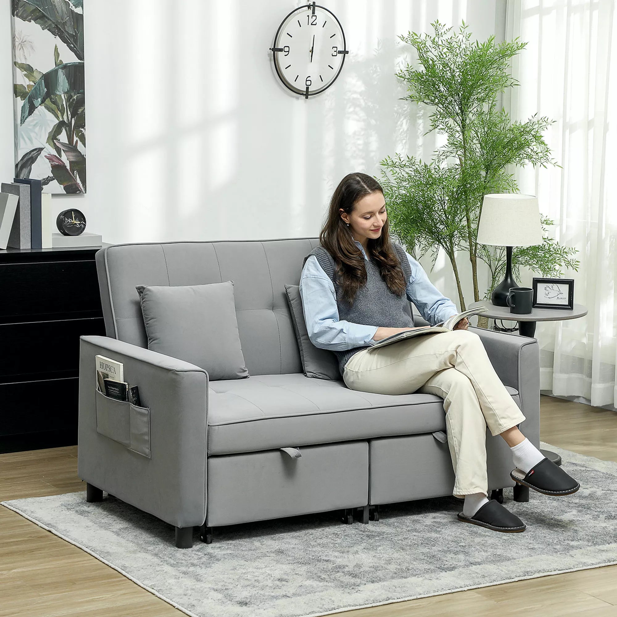 4in1 Sofa, reguliuojama sofa, sofa-lova, su pagalvėmis, audinio apmušalas, skirta svetainei, miegamajam, pilka