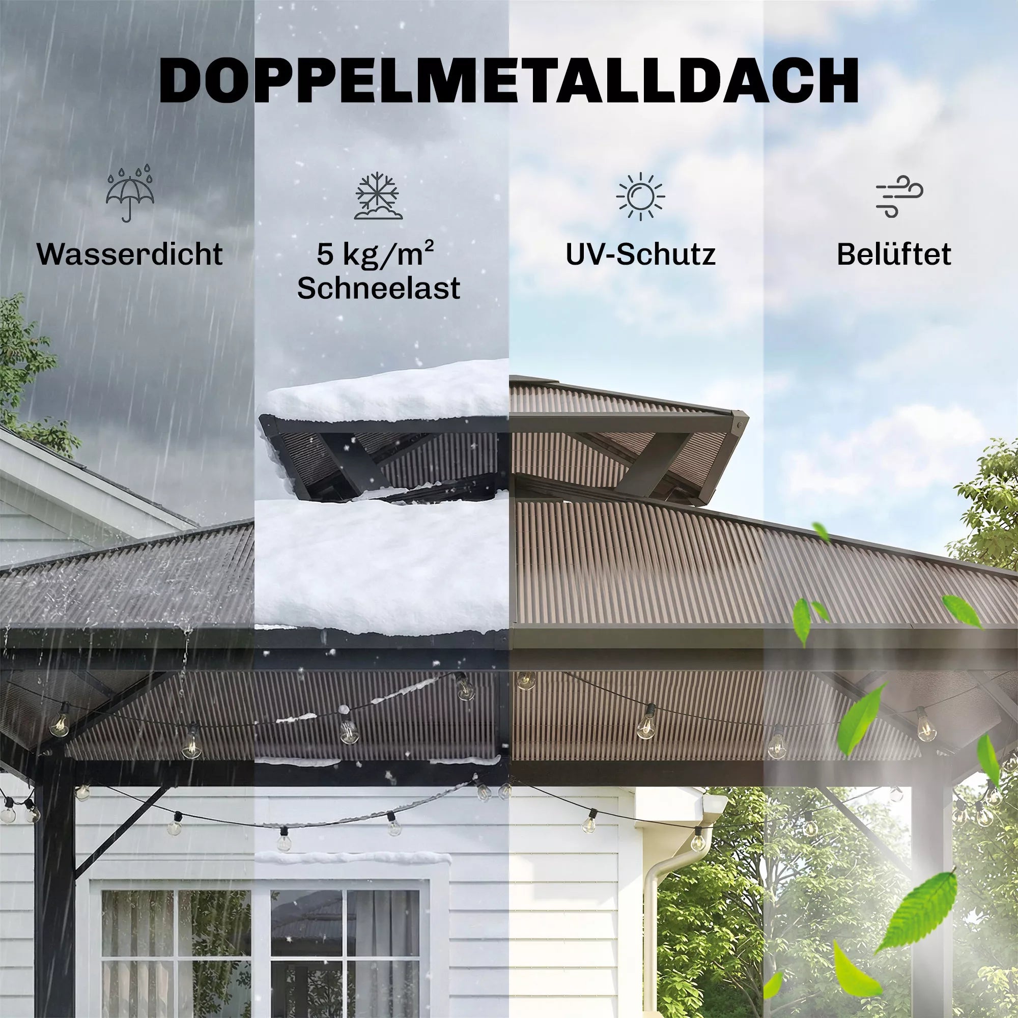 Grillpavillon 2,5 x 1,5 m, vandeniui atsparus grilio stogas su dvigubu polikarbonato stogu, šoninė lentynėlė, ruda spalva