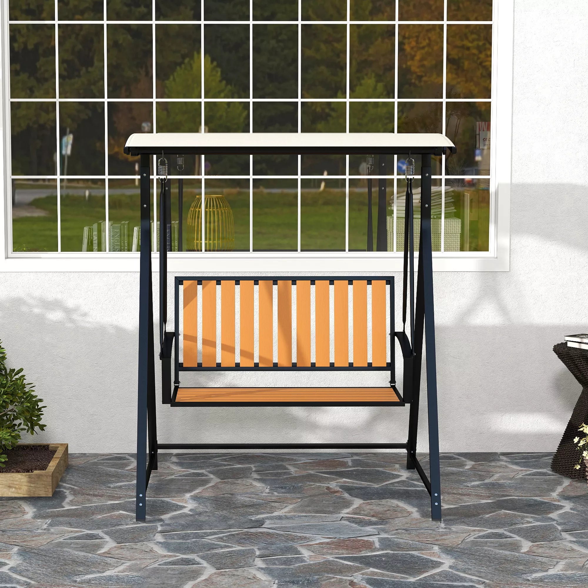 Lauko, sodo  sūpynės su reguliuojamu stogu nuo saulės, 2 vietos sodo sūpynės 142 x 112 x 162 cm, juodos spalvos