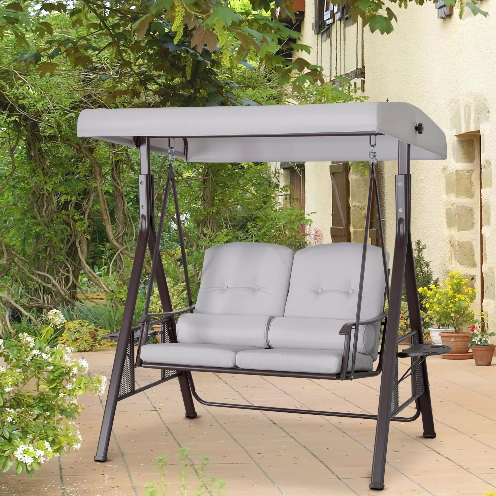 2 vietų Hollywood šūklas Sodo šūklas su saulės stogu Pagalvės Padėklas Metalas Poliesteris Pilka 162 x 118 x 173 cm