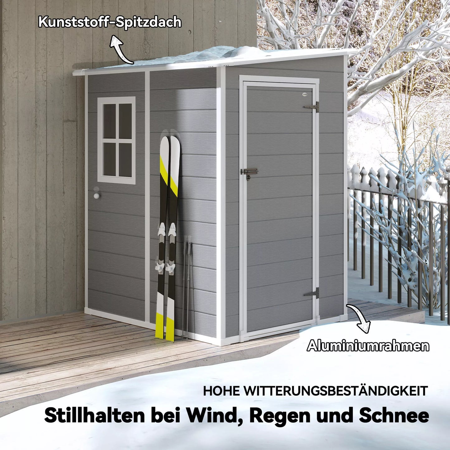 Įrankių namelis, durys su užraktu, langas dienos šviesai ir vėdinimui, aliuminio, 122 x 149 x 192/177 cm, pilkos spalvos