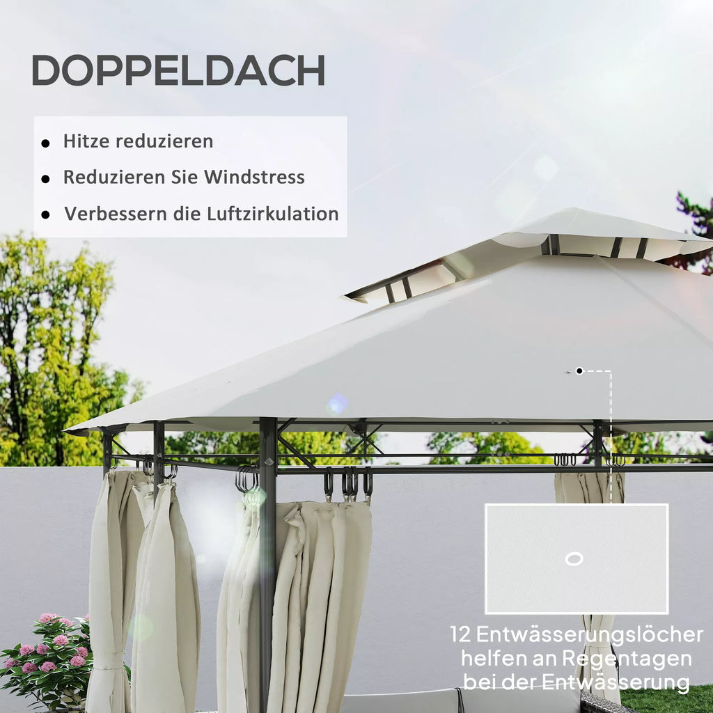 Sodo paviljonas, pavėsinė su 6 šoninėmis sienelėmis ir dvigubu stogu komplektas, plienas ir poliesteris, 4x3 m, kreminė balta