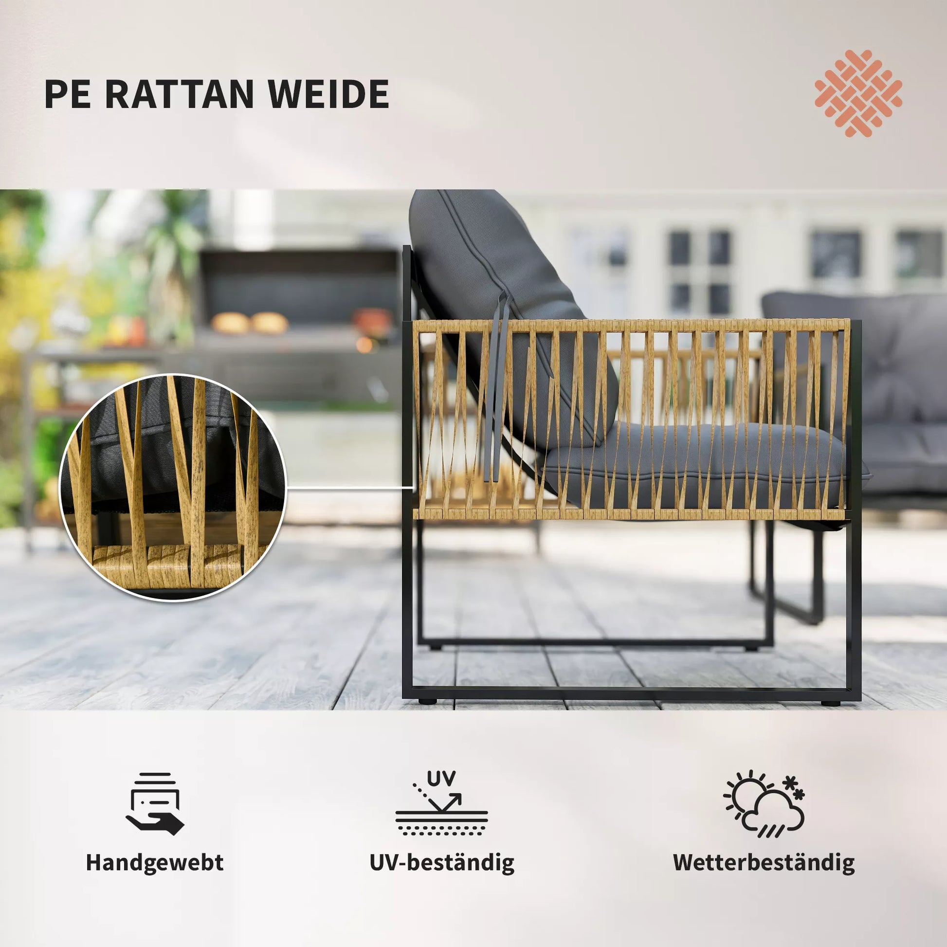 Sodo baldų komplektas, 4 dalys, sofa, 2 kėdės, stalas su stikliniu stalviršiu, metalinis rėmas, poliratas, antracitas