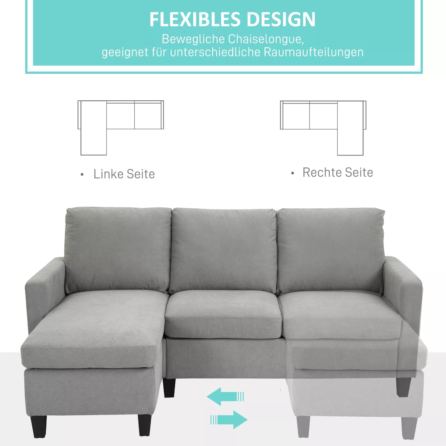 Kampinė sofa, 3 vietų sofa su patalynės dėže ir pagalvėlėmis, L formos kampas, audinio apmušalas, pilka